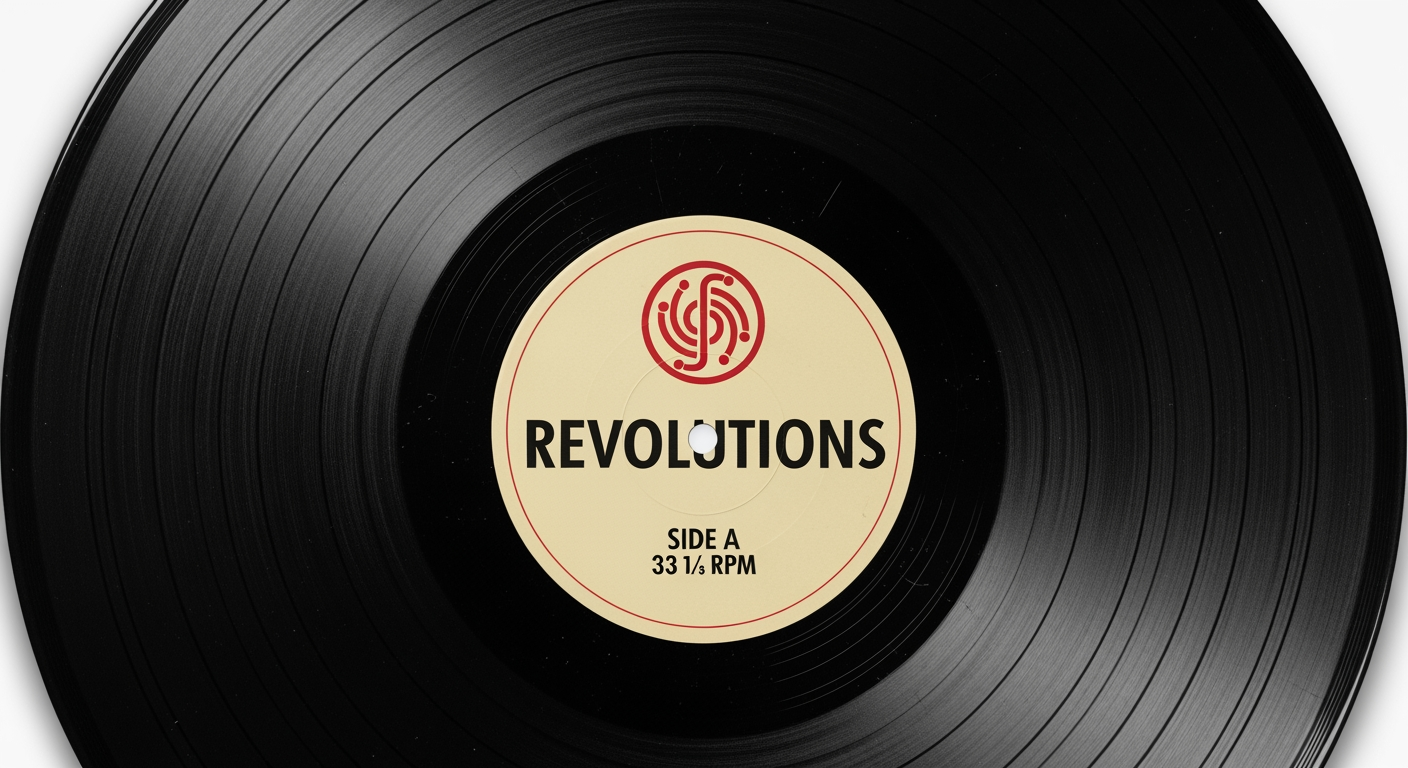 Create a highly detailed, ultra-realistic illustration of a vinyl record, shown in a perfectly centered, orthographic top-down view, based strictly on the provided reference image.

The record must be fully visible, perfectly circular, with no perspective distortion.

Accurately replicate:
– Center label artwork (typography, colors, layout, logos)
– Fine concentric groove patterns across the vinyl surface
– Subtle surface reflections and light sheen typical of vinyl
– Minor dust, micro-scratches, or wear if present in the reference

Material realism is critical: deep black vinyl with fine groove texture visible under soft lighting.

Lighting should be studio-soft, angled slightly to reveal groove detail without harsh glare.

Background must be clean and minimal (white or neutral), ensuring strong contrast and print clarity.

Output must be extremely high resolution (8k), crisp, and print-ready, ensuring the illusion of a real vinyl record when used as a notebook cover.