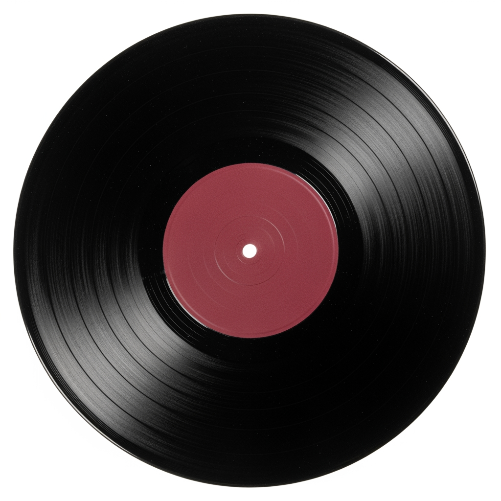 Create a highly detailed, ultra-realistic illustration of a vinyl record, shown in a perfectly centered, orthographic top-down view, based strictly on the provided reference image.

The record must be fully visible, perfectly circular, with no perspective distortion.

Accurately replicate:
– solid maroon label, no design, no text.
– Fine concentric groove patterns across the vinyl surface
– Subtle surface reflections and light sheen typical of vinyl
– Minor dust, micro-scratches, or wear if present in the reference

Material realism is critical: deep black vinyl with fine groove texture visible under soft lighting.

Lighting should be studio-soft, angled slightly to reveal groove detail without harsh glare.

Background must be clean and minimal (white or neutral), ensuring strong contrast and print clarity.

Output must be extremely high resolution (8k), crisp, and print-ready, ensuring the illusion of a real vinyl record when used as a notebook cover.