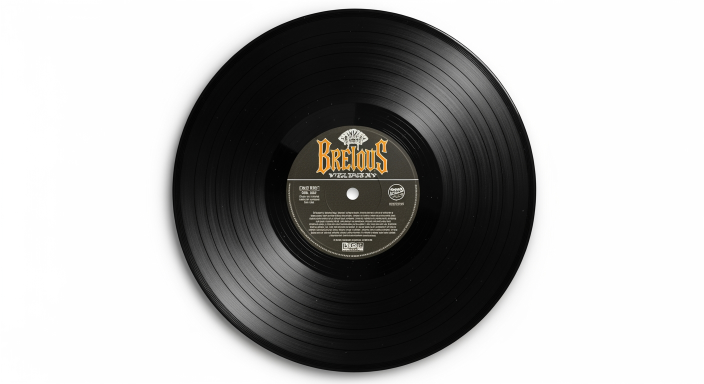 Create a highly detailed, ultra-realistic illustration of a vinyl record, shown in a perfectly centered, orthographic top-down view, based strictly on the provided reference image.
The record must be fully visible, perfectly circular, with no perspective distortion.
Accurately replicate:
– Center label artwork (typography, colors, layout, logos)
– Fine concentric groove patterns across the vinyl surface
– Subtle surface reflections and light sheen typical of vinyl
– Minor dust, micro-scratches, or wear if present in the reference
Material realism is critical: deep black vinyl with fine groove texture visible under soft lighting.
Lighting should be studio-soft, angled slightly to reveal groove detail without harsh glare.
Background must be clean and minimal (white or neutral), ensuring strong contrast and print clarity.
Output must be extremely high resolution (8k), crisp, and print-ready, ensuring the illusion of a real vinyl record when used as a notebook cover.