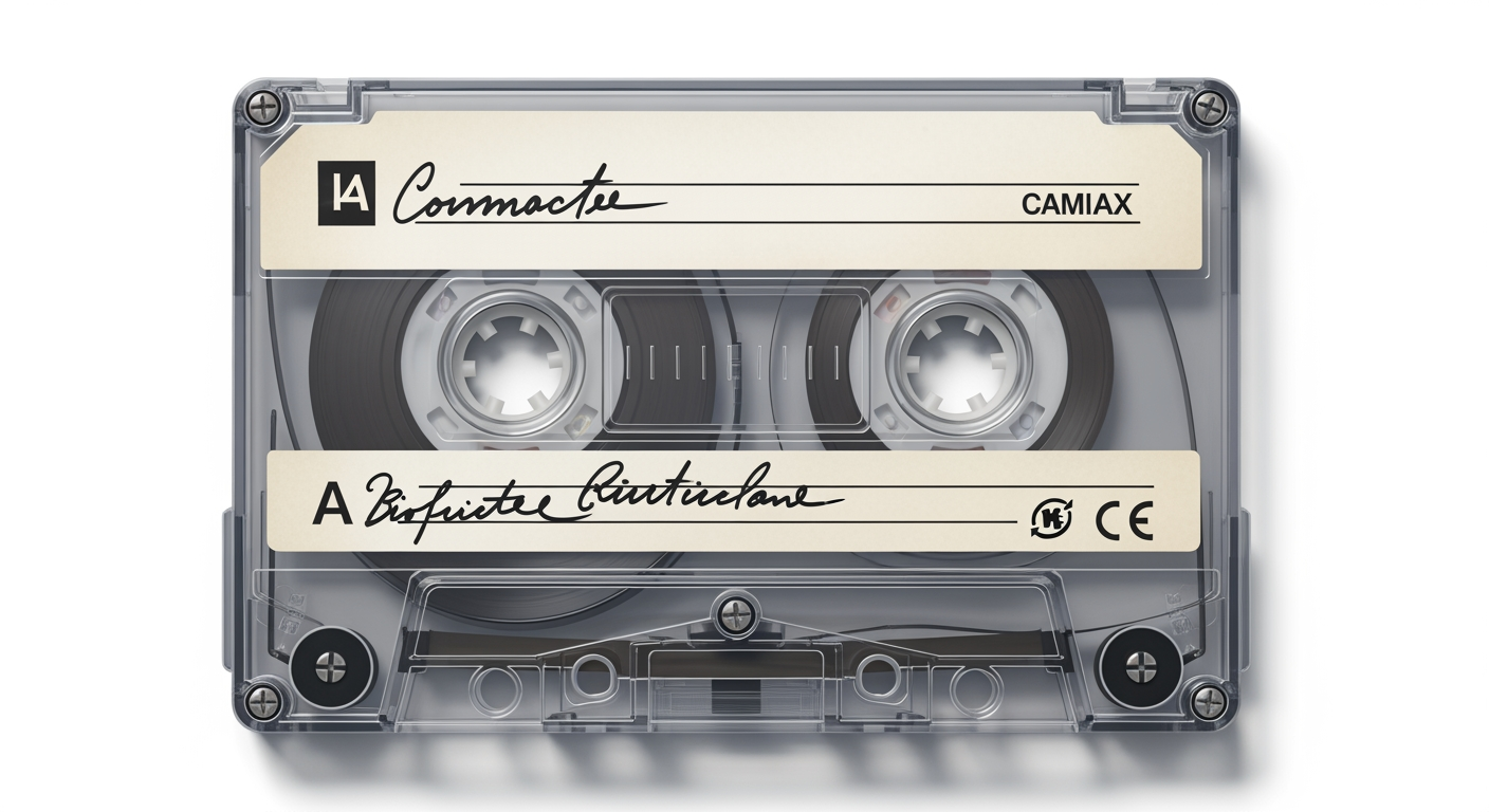 Create a highly detailed, ultra-realistic illustration of a compact audio cassette (front side facing up), strictly based on the provided reference image.
The cassette must be shown in a perfectly flat, orthographic top-down view, centered with no perspective distortion.
Accurately replicate all details:
– Label design, typography, handwritten or printed elements
– Transparent casing (if applicable), showing internal spools and magnetic tape
– Reel hubs, screws, tape guide rollers, and mechanical components
– Brand markings, timing indicators, and scale markings
Materials must be physically accurate: transparent or semi-transparent plastic with realistic light refraction, subtle reflections, and depth.
Include realistic micro-details such as dust, slight scratches, and wear if present in the reference.
Lighting should be soft, even studio lighting that enhances clarity and realism.
Background should be minimal and clean (white or light neutral), optimized for print layout.
Output must be extremely high resolution (8k), crisp, and print-ready, ensuring the cassette illusion works convincingly on a notebook cover.