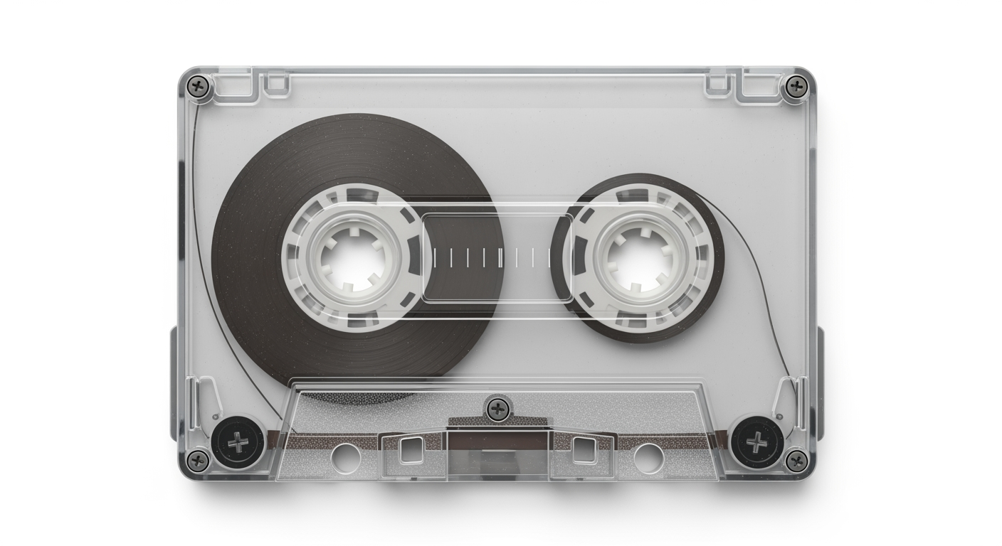 Create a highly detailed, ultra-realistic illustration of a compact audio cassette (back side facing up), strictly following the provided reference image.

Render the cassette in a perfectly centered, orthographic top-down view with accurate real-world proportions.

Precisely reproduce:
– Back label details, screws, and casing structure
– Tape exposure areas and internal spool visibility
– Plastic texture, seams, and molded details

Emphasize realism in materials: slightly worn plastic, fine scratches, subtle dust, and authentic aging where applicable.

Lighting must be soft and evenly distributed to clearly show all structural details without harsh shadows.

Background should be clean and minimal (white or very light tone), ideal for printing.

Ensure full object visibility with balanced margins.

Output should be ultra-high resolution (8k), sharp, and production-ready.. no shadow, no text. justillustration on solid white background
