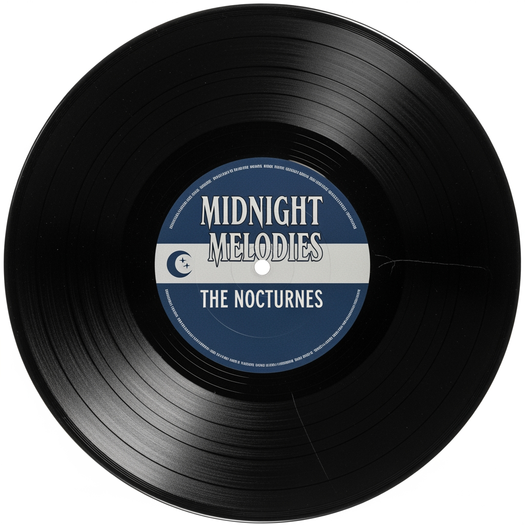 Create a highly detailed, ultra-realistic illustration of a vinyl record, shown in a perfectly centered, orthographic top-down view, based strictly on the provided reference image.

The record must be fully visible, perfectly circular, with no perspective distortion.

Accurately replicate:
– Center label artwork (typography, colors, layout, logos)
– Fine concentric groove patterns across the vinyl surface
– Subtle surface reflections and light sheen typical of vinyl
– Minor dust, micro-scratches, or wear if present in the reference

Material realism is critical: deep black vinyl with fine groove texture visible under soft lighting.

Lighting should be studio-soft, angled slightly to reveal groove detail without harsh glare.

Background must be clean and minimal (white or neutral), ensuring strong contrast and print clarity.

Output must be extremely high resolution (8k), crisp, and print-ready, ensuring the illusion of a real vinyl record when used as a notebook cover.
