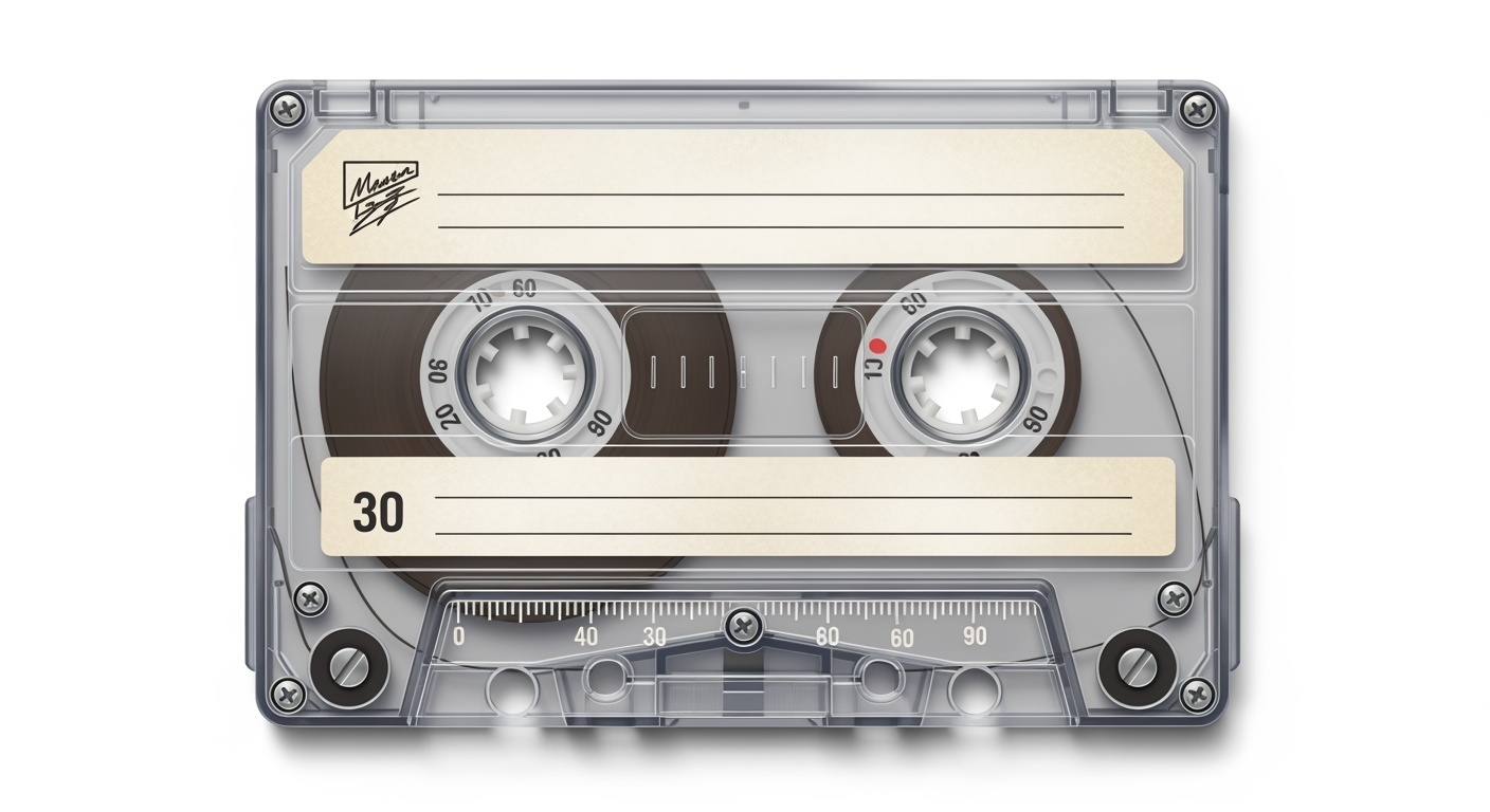 Create a highly detailed, ultra-realistic illustration of a compact audio cassette (front side facing up), strictly based on the provided reference image.

The cassette must be shown in a perfectly flat, orthographic top-down view, centered with no perspective distortion.

Accurately replicate all details:
– Label design, typography, handwritten or printed elements
– Transparent casing (if applicable), showing internal spools and magnetic tape
– Reel hubs, screws, tape guide rollers, and mechanical components
– Brand markings, timing indicators, and scale markings

Materials must be physically accurate: transparent or semi-transparent plastic with realistic light refraction, subtle reflections, and depth.

Include realistic micro-details such as dust, slight scratches, and wear if present in the reference.

Lighting should be soft, even studio lighting that enhances clarity and realism.

Background should be minimal and clean (white or light neutral), optimized for print layout.

Output must be extremely high resolution (8k), crisp, and print-ready, ensuring the cassette illusion works convincingly on a notebook cover. no shadow, no text. justillustration on solid white background