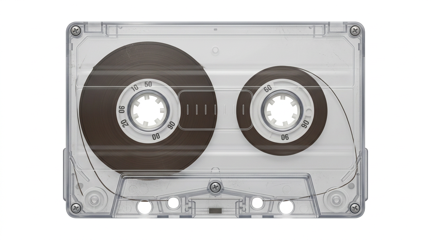 Create a highly detailed, ultra-realistic illustration of a compact audio cassette (back side facing up), strictly following the provided reference image.

Render the cassette in a perfectly centered, orthographic top-down view with accurate real-world proportions.

Precisely reproduce:
– Back label details, screws, and casing structure
– Tape exposure areas and internal spool visibility
– Plastic texture, seams, and molded details

Emphasize realism in materials: slightly worn plastic, fine scratches, subtle dust, and authentic aging where applicable.

Lighting must be soft and evenly distributed to clearly show all structural details without harsh shadows.

Background should be clean and minimal (white or very light tone), ideal for printing.

Ensure full object visibility with balanced margins.

Output should be ultra-high resolution (8k), sharp, and production-ready.. no shadow, no text. justillustration on solid white background