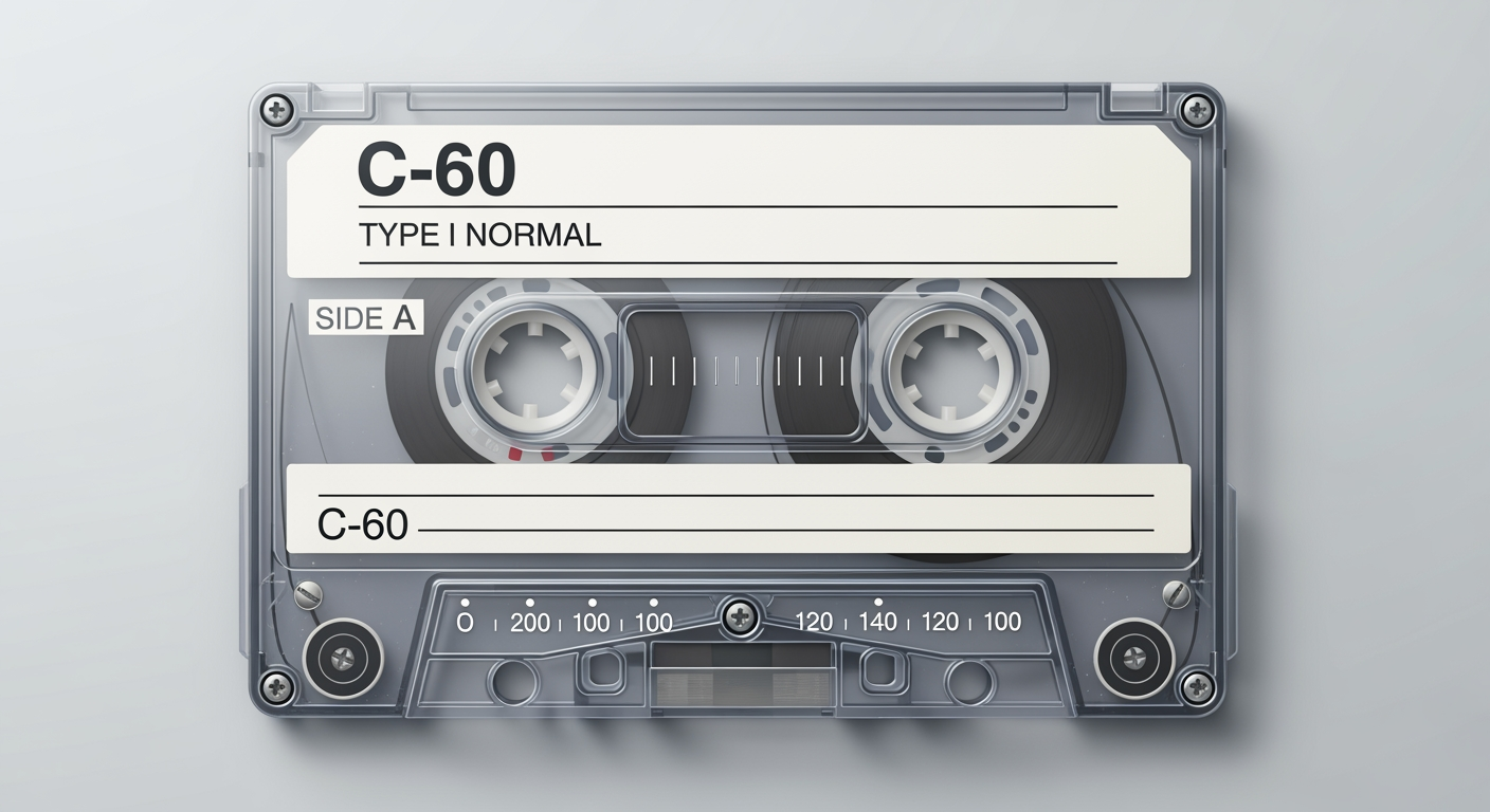 Create a highly detailed, ultra-realistic illustration of a compact audio cassette (front side facing up), strictly based on the provided reference image.

The cassette must be shown in a perfectly flat, orthographic top-down view, centered with no perspective distortion.

Accurately replicate all details:
– Label design, typography, handwritten or printed elements
– Transparent casing (if applicable), showing internal spools and magnetic tape
– Reel hubs, screws, tape guide rollers, and mechanical components
– Brand markings, timing indicators, and scale markings

Materials must be physically accurate: transparent or semi-transparent plastic with realistic light refraction, subtle reflections, and depth.

Include realistic micro-details such as dust, slight scratches, and wear if present in the reference.

Lighting should be soft, even studio lighting that enhances clarity and realism.

Background should be minimal and clean (white or light neutral), optimized for print layout.

Output must be extremely high resolution (8k), crisp, and print-ready, ensuring the cassette illusion works convincingly on a notebook cover.