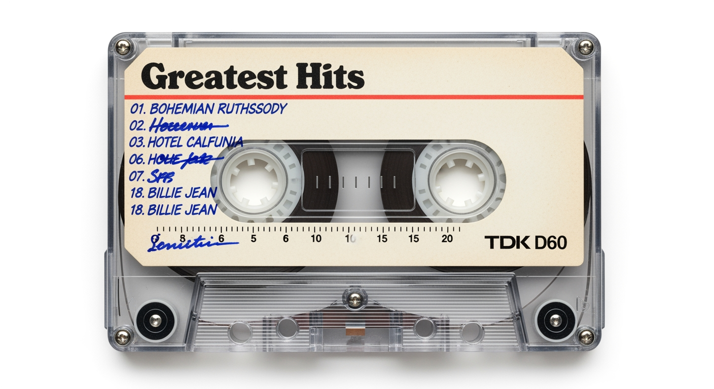 Create a highly detailed, ultra-realistic illustration of a compact audio cassette (front side facing up), strictly based on the provided reference image.

The cassette must be shown in a perfectly flat, orthographic top-down view, centered with no perspective distortion.

Accurately replicate all details:
– Label design, typography, handwritten or printed elements
– Transparent casing (if applicable), showing internal spools and magnetic tape
– Reel hubs, screws, tape guide rollers, and mechanical components
– Brand markings, timing indicators, and scale markings

Materials must be physically accurate: transparent or semi-transparent plastic with realistic light refraction, subtle reflections, and depth.

Include realistic micro-details such as dust, slight scratches, and wear if present in the reference.

Lighting should be soft, even studio lighting that enhances clarity and realism.

Background should be minimal and clean (white or light neutral), optimized for print layout.

Output must be extremely high resolution (8k), crisp, and print-ready, ensuring the cassette illusion works convincingly on a notebook cover.