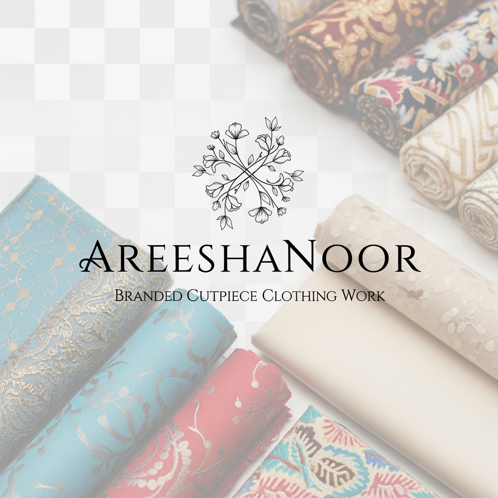 AI Design for AreeshaNoor branded cutpiece clothing work i need logo in png file with flowral types with branded cutpiece too