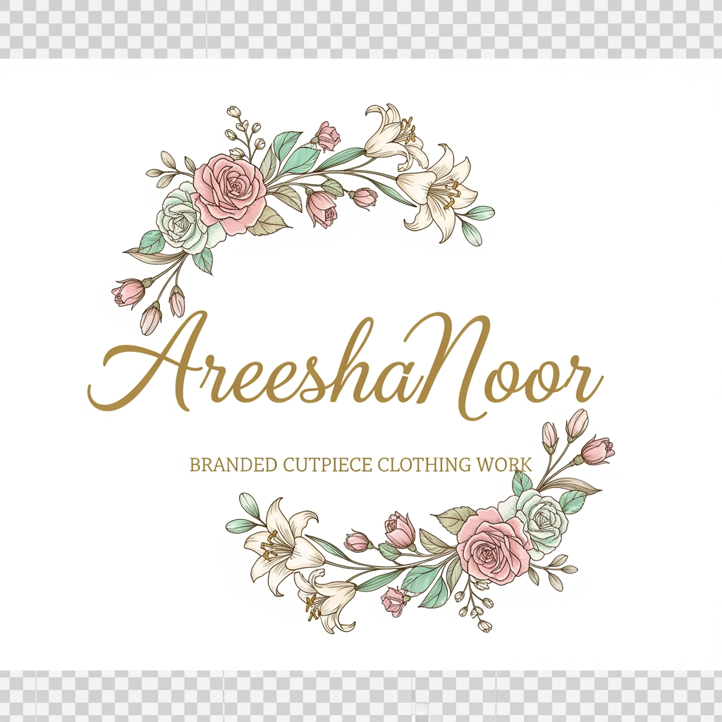 AI Design for AreeshaNoor branded cutpiece clothing work i need logo in png file with flowral types with branded cutpiece too