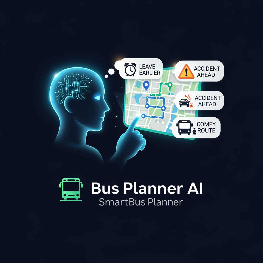 AI Design for Quiero un diseño o logo que muestre un agente de ia que te diga un planificador de tu rutina y te muestre en el mapa opciones para ir mas comodo( como salir antes , cuidado si hay accidentes o la ruta mas comoda donde no iras en un bus lleno ). Estaa adaptado solo a buses