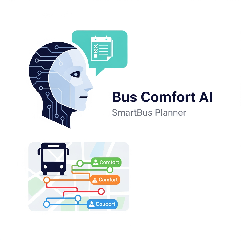 AI Design for Quiero un diseño o logo que muestre un agente de ia que te diga un planificador de tu rutina y te muestre en el mapa opciones para ir mas comodo( como salir antes , cuidado si hay accidentes o la ruta mas comoda donde no iras en un bus lleno ). Estaa adaptado solo a buses