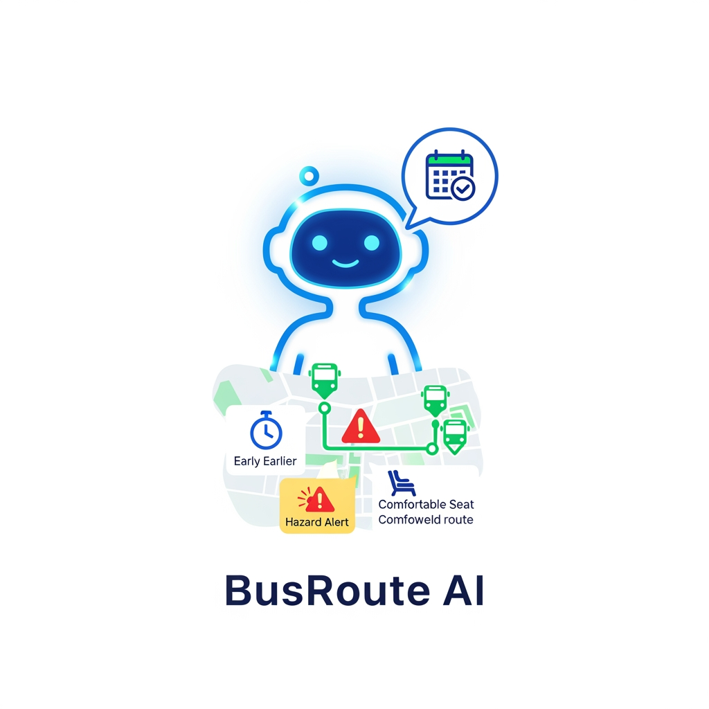 AI Design for Quiero un diseño o logo que muestre un agente de ia que te diga un planificador de tu rutina y te muestre en el mapa opciones para ir mas comodo( como salir antes , cuidado si hay accidentes o la ruta mas comoda donde no iras en un bus lleno ). Estaa adaptado solo a buses
