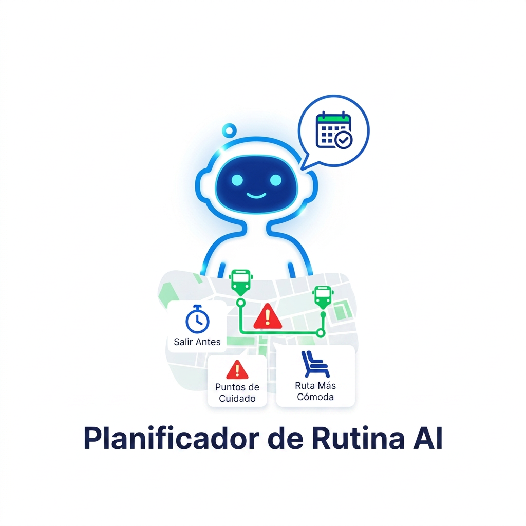 AI Design for Quiero un diseño o logo que muestre un agente de ia que te diga un planificador de tu rutina y te muestre en el mapa opciones para ir mas comodo( como salir antes , cuidado si hay accidentes o la ruta mas comoda donde no iras en un bus lleno ). Estaa adaptado solo a buses . que la imagen no sea tan recargada, que un simple contenido te muestre la idea
