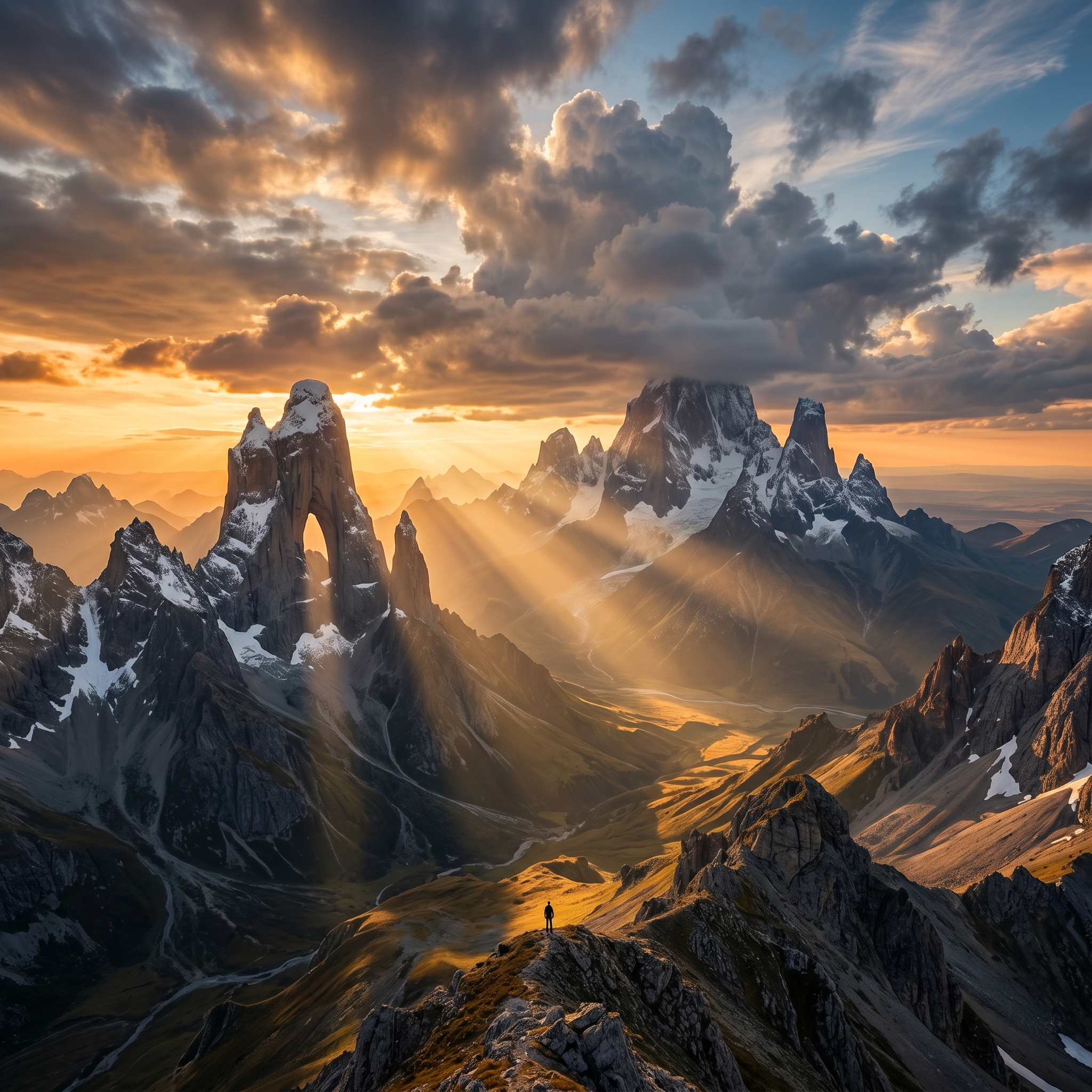 AI Design for A grand, cinematic wide-angle shot capturing a sprawling, majestic landscape with immense scale and towering natural formations. The lighting is dramatic, featuring golden hour sun rays piercing through heavy clouds to emphasize the vastness of the scene, rendered in sharp, high-definition textures.