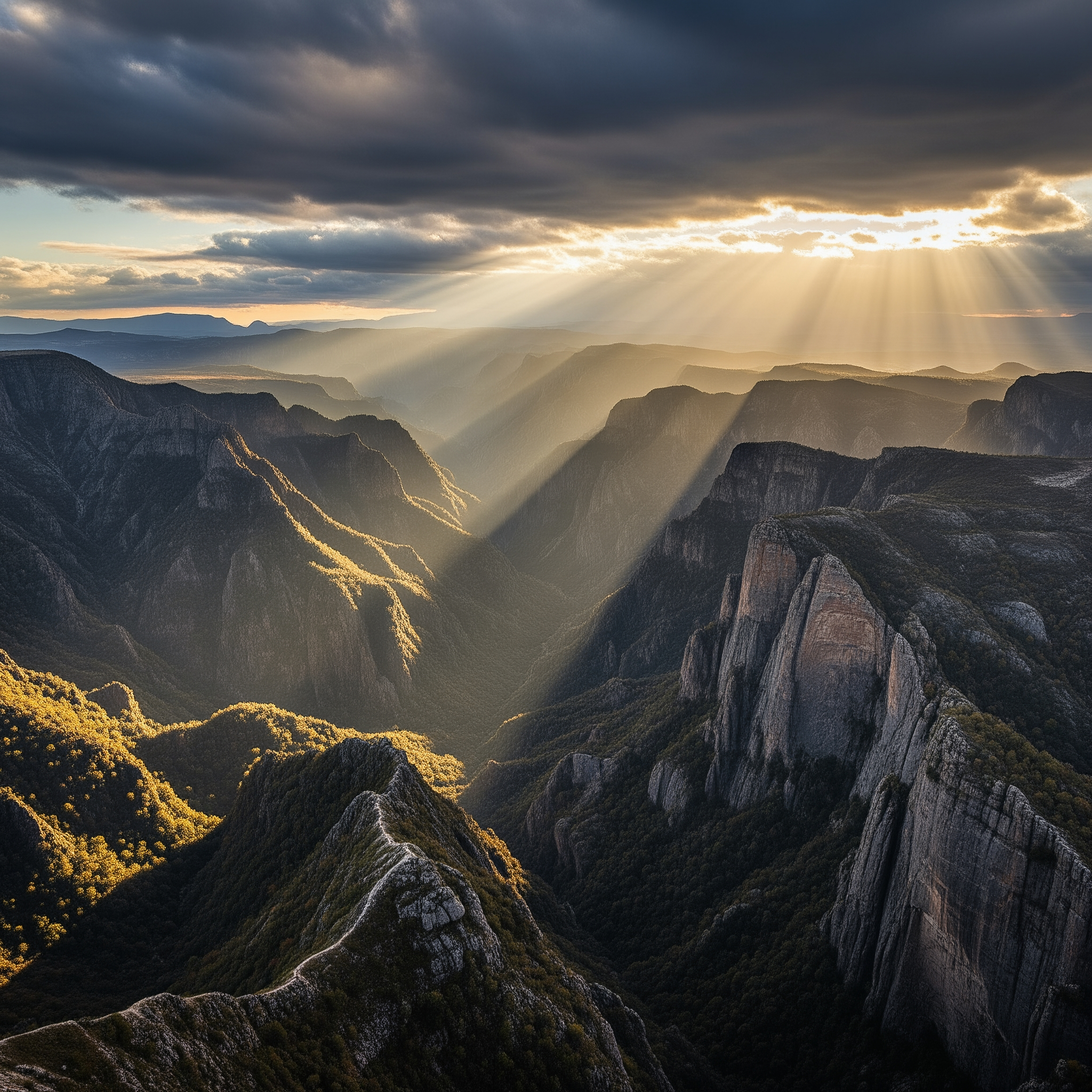 AI Design for A grand, cinematic wide-angle shot capturing a sprawling, majestic landscape with immense scale and towering natural formations. The lighting is dramatic, featuring golden hour sun rays piercing through heavy clouds to emphasize the vastness of the scene, rendered in sharp, high-definition textures.