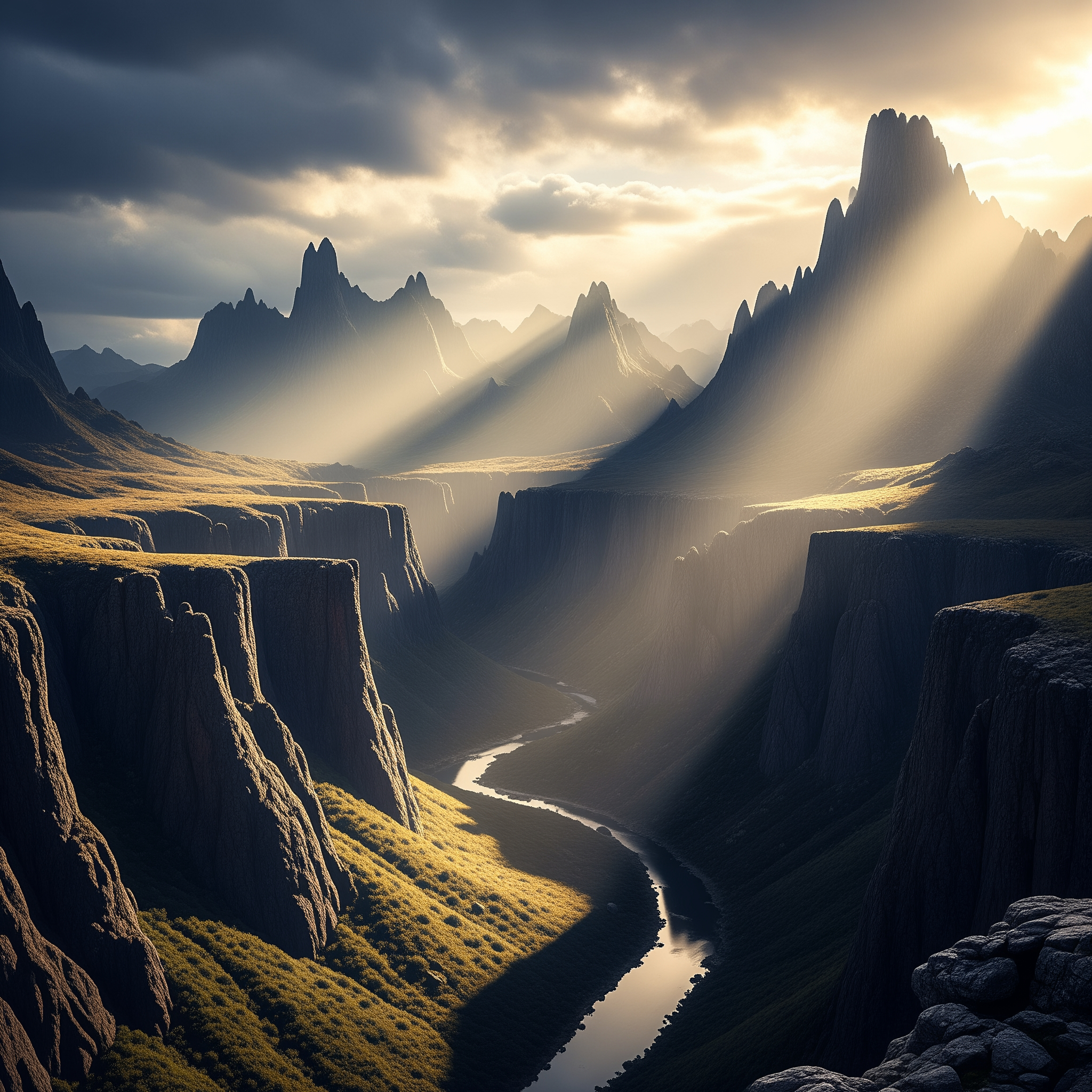 AI Design for A grand, cinematic wide-angle shot capturing a sprawling, majestic landscape with immense scale and towering natural formations. The lighting is dramatic, featuring golden hour sun rays piercing through heavy clouds to emphasize the vastness of the scene, rendered in sharp, high-definition textures.