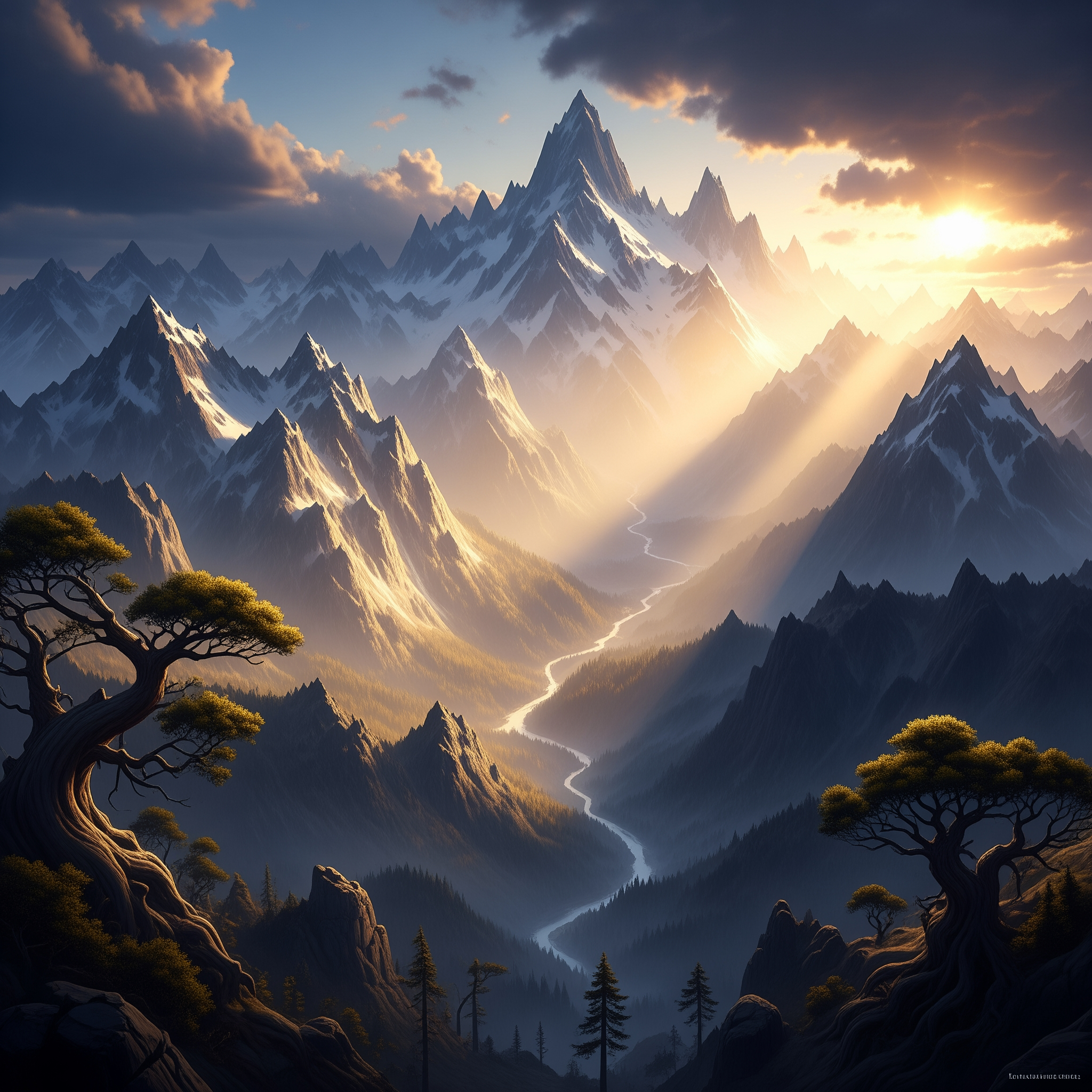 AI Design for A grand, cinematic wide-angle shot capturing a sprawling, majestic landscape with immense scale and towering natural formations. The lighting is dramatic, featuring golden hour sun rays piercing through heavy clouds to emphasize the vastness of the scene, rendered in sharp, high-definition textures.