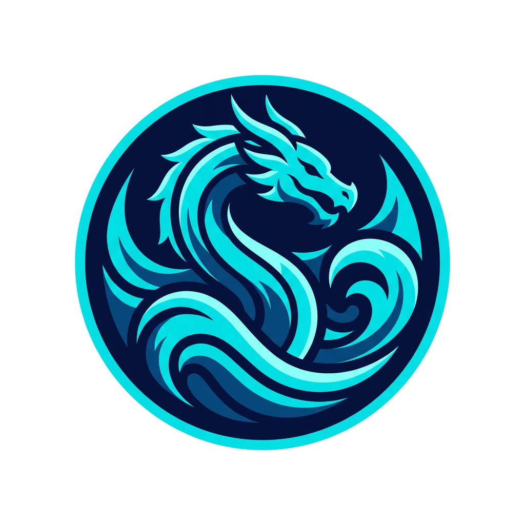 AI Design for A professional minimalist circular gaming logo featuring a stylized, modern interpretation of a water-type creature with fluid, elegant lines. The design utilizes high-contrast flat shading, a vibrant cyan and deep navy blue color palette, and a bold aesthetic perfectly suited for a high-impact profile avatar.