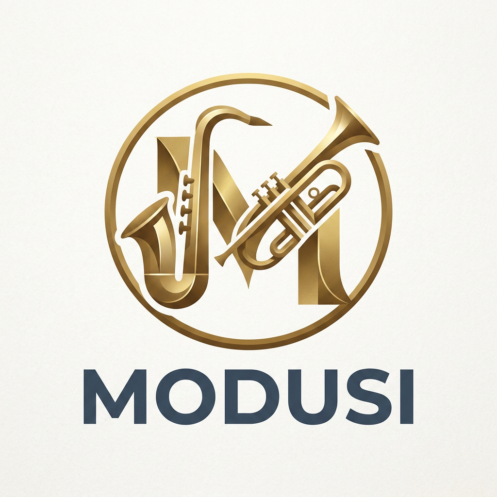 AI Design for make me a modern logo of a music jazz band thats named "modusi" with music elements