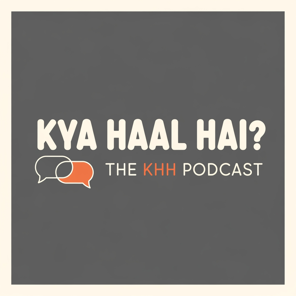 AI Design for A minimalist typographic logo for a casual podcast. The main text reads "KYA HAAL HAI?" in a friendly, bold, rounded sans-serif font. Below it, the text "THE KHH PODCAST" is written in a clean, smaller font. A simple vector graphic of two intersecting speech bubbles or a stylized coffee mug is placed subtly next to the text. Color palette: Pastel terracotta orange and cream white text on a solid charcoal grey background. Modern minimalist style, clean lines, high-contrast, perfectly spelled text.
aspect ratio 1:1
