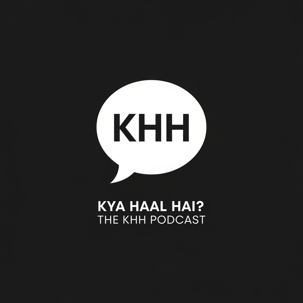 AI Design for An ultra-minimal vector logo for a storytelling podcast. In the center, a bold and stylized acronym icon "KHH" designed inside a smooth speech bubble silhouette. Below the icon, the clean text reads "KYA HAAL HAI? THE KHH PODCAST". Monochromatic color scheme: sharp white graphics and crisp text on a solid matte black background. Sophisticated, sleek, contemporary branding, flat vector, high contrast, perfect typography.
aspect ratio 1:1