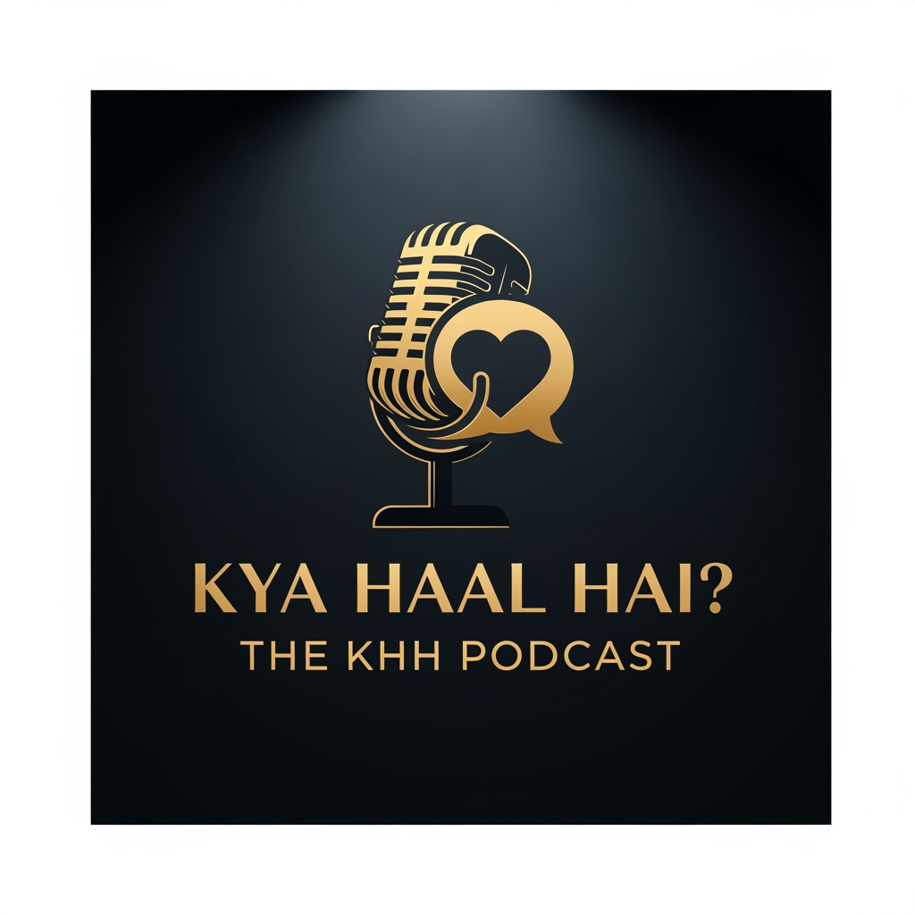 AI Design for A sophisticated professional podcast logo featuring a dramatic black and gold color scheme. The central graphic is a strong silhouette of a retro microphone intertwined with an abstract icon that merges a speech bubble and a heart (symbolizing storytelling and nostalgia). Below the graphic, the title "KYA HAAL HAI?" is displayed in a clean, elegant, capital serif font with a matte gold finish. Directly underneath, "THE KHH PODCAST" is set in a simple, high-visibility gold sans-serif font. The background is a dark, moody deep charcoal with a subtle gradient spotlight effect behind the logo. Flat 3D effect, clean lines, premium feel, high contrast, elegant typography.
aspect ratio 1:1