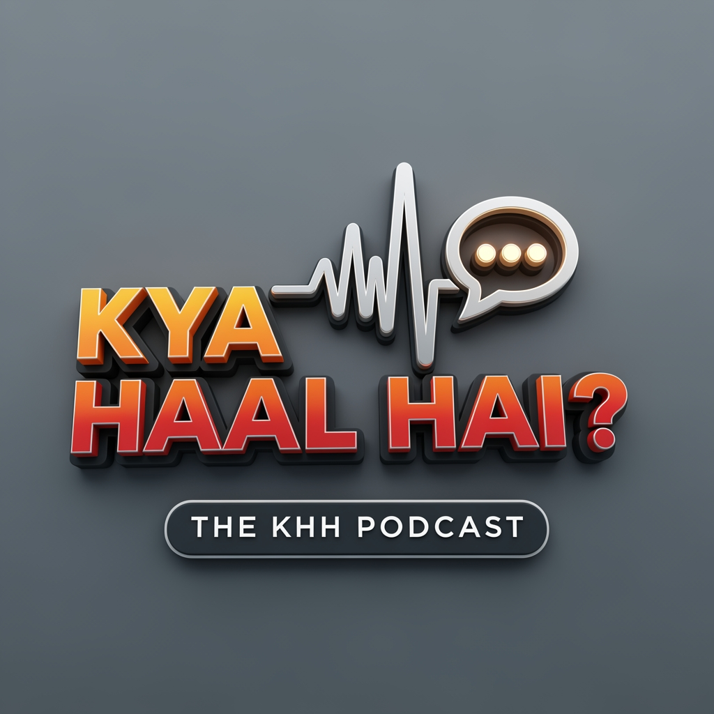 AI Design for A professional 3D media logo for "KYA HAAL HAI?". The primary focus is bold, dynamic stacked text: "KYA HAAL HAI?" utilizing a modern gradient of warm orange to deep red with soft beveled edges, making it pop. Behind the text is a sleek, stylized silver audio waveform and an integrated glowing speech bubble icon to represent conversation. Below the main title, "THE KHH PODCAST" is written in a clean, minimalist white font within a darker charcoal grey container bar. Studio lighting, high-resolution rendering, photorealistic textures, subtle reflections, professional branding, grey and orange color palette.
aspect ratio 1:1