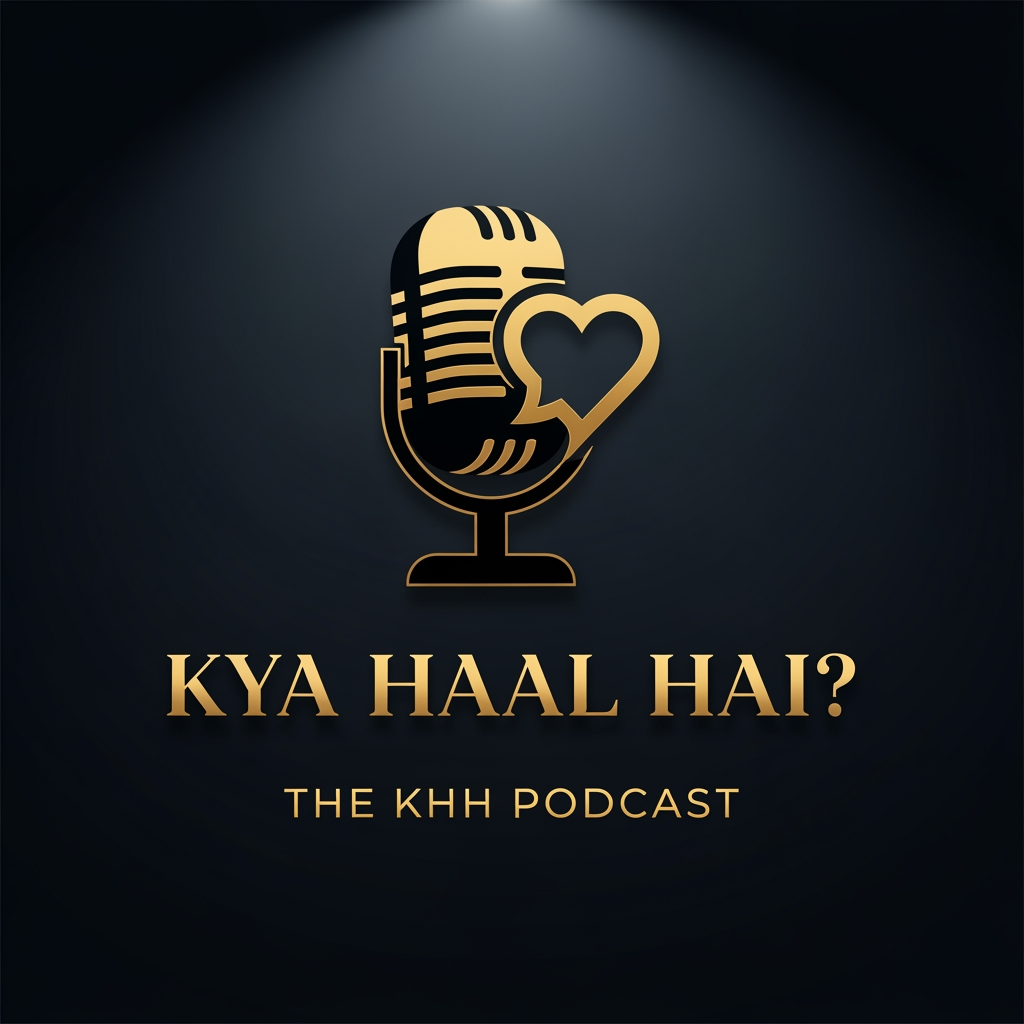 AI Design for A sophisticated professional podcast logo featuring a dramatic black and gold color scheme. The central graphic is a strong silhouette of a retro microphone intertwined with an abstract icon that merges a speech bubble and a heart (symbolizing storytelling and nostalgia). Below the graphic, the title "KYA HAAL HAI?" is displayed in a clean, elegant, capital serif font with a matte gold finish. Directly underneath, "THE KHH PODCAST" is set in a simple, high-visibility gold sans-serif font. The background is a dark, moody deep charcoal with a subtle gradient spotlight effect behind the logo. Flat 3D effect, clean lines, premium feel, high contrast, elegant typography.
aspect ratio 1:1