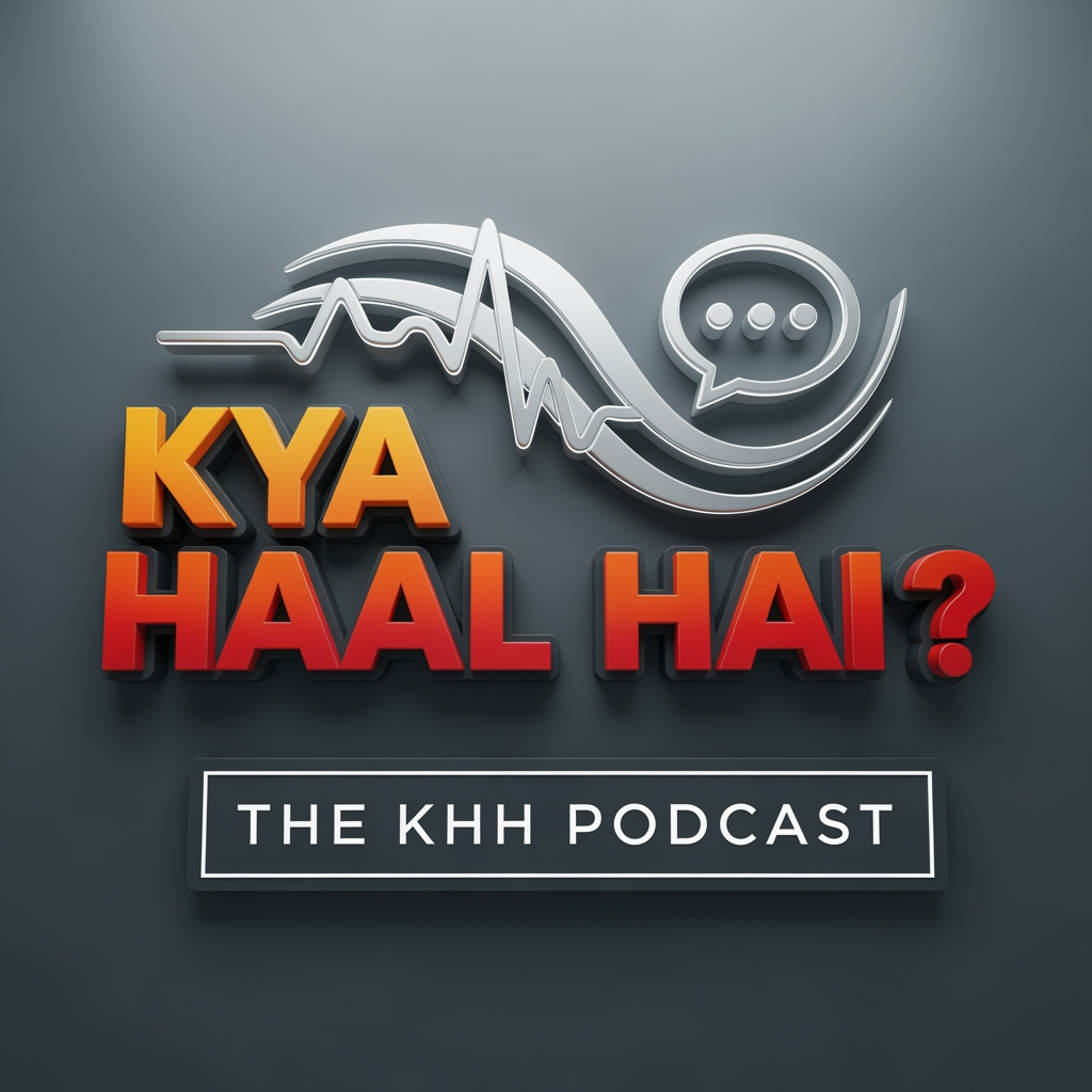 AI Design for A professional 3D media logo for "KYA HAAL HAI?". The primary focus is bold, dynamic stacked text: "KYA HAAL HAI?" utilizing a modern gradient of warm orange to deep red with soft beveled edges, making it pop. Behind the text is a sleek, stylized silver audio waveform and an integrated glowing speech bubble icon to represent conversation. Below the main title, "THE KHH PODCAST" is written in a clean, minimalist white font within a darker charcoal grey container bar. Studio lighting, high-resolution rendering, photorealistic textures, subtle reflections, professional branding, grey and orange color palette.
aspect ratio 1:1
