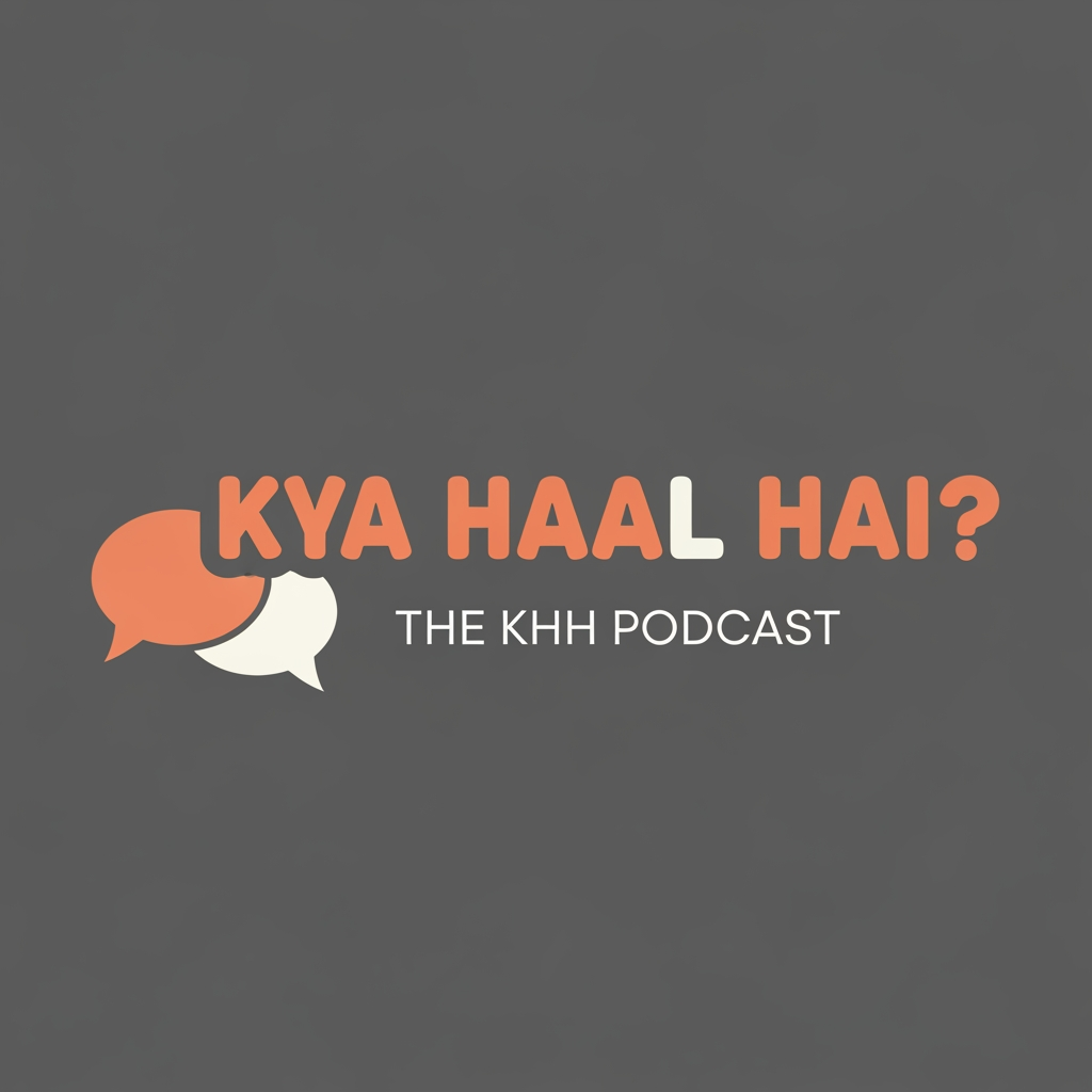 AI Design for A minimalist typographic logo for a casual podcast. The main text reads "KYA HAAL HAI?" in a friendly, bold, rounded sans-serif font. Below it, the text "THE KHH PODCAST" is written in a clean, smaller font. A simple vector graphic of two intersecting speech bubbles or a stylized coffee mug is placed subtly next to the text. Color palette: Pastel terracotta orange and cream white text on a solid charcoal grey background. Modern minimalist style, clean lines, high-contrast, perfectly spelled text.
aspect ratio 1:1