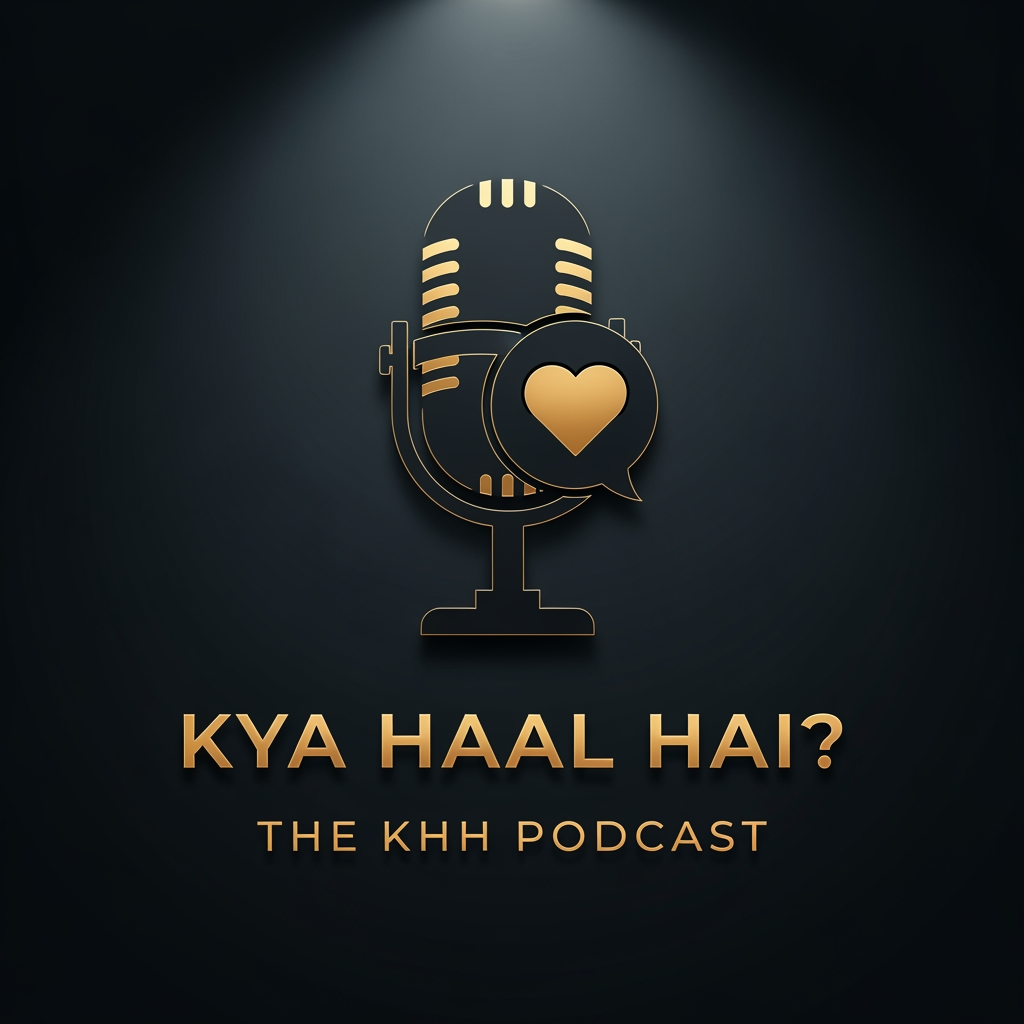 AI Design for A sophisticated professional podcast logo featuring a dramatic black and gold color scheme. The central graphic is a strong silhouette of a retro microphone intertwined with an abstract icon that merges a speech bubble and a heart (symbolizing storytelling and nostalgia). Below the graphic, the title "KYA HAAL HAI?" is displayed in a clean, elegant, capital serif font with a matte gold finish. Directly underneath, "THE KHH PODCAST" is set in a simple, high-visibility gold sans-serif font. The background is a dark, moody deep charcoal with a subtle gradient spotlight effect behind the logo. Flat 3D effect, clean lines, premium feel, high contrast, elegant typography.
aspect ratio 1:1