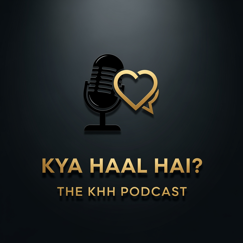 AI Design for A sophisticated professional podcast logo featuring a dramatic black and gold color scheme. The central graphic is a strong silhouette of a retro microphone intertwined with an abstract icon that merges a speech bubble and a heart (symbolizing storytelling and nostalgia). Below the graphic, the title "KYA HAAL HAI?" is displayed in a clean, elegant, capital serif font with a matte gold finish. Directly underneath, "THE KHH PODCAST" is set in a simple, high-visibility gold sans-serif font. The background is a dark, moody deep charcoal with a subtle gradient spotlight effect behind the logo. Flat 3D effect, clean lines, premium feel, high contrast, elegant typography.
aspect ratio 1:1