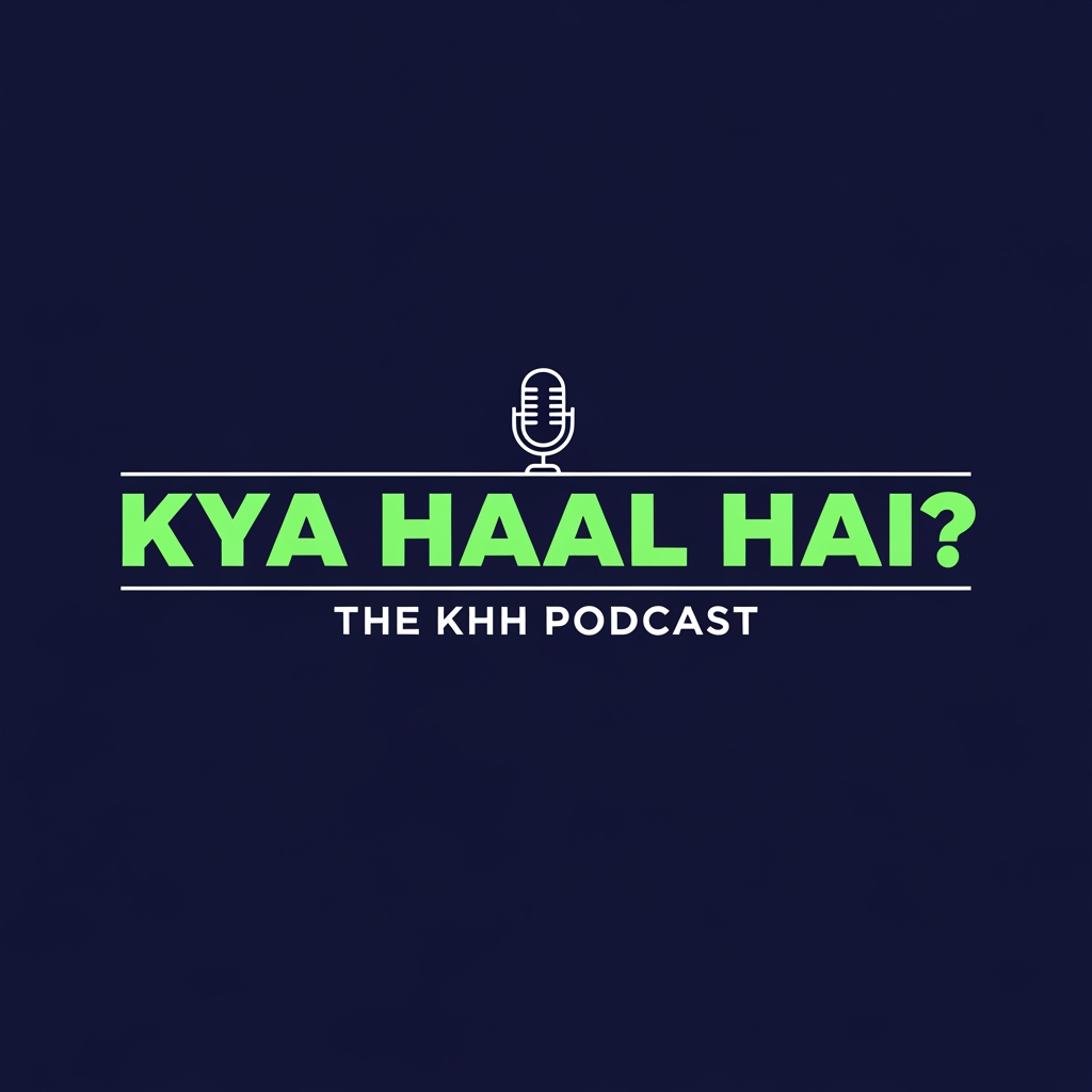 AI Design for A minimalistic and cool podcast logo featuring the bold text "KYA HAAL HAI?" with a smaller subtitle underneath reading "THE KHH PODCAST". The design uses clean, bold typography with a subtle retro-modern vibe. A simple, elegant line-art icon of a vintage microphone or a speech bubble is seamlessly integrated into the background. Solid deep navy blue background with vibrant neon mint green and crisp white text. Graphic design, vector art, flat design, trending on Dribbble, highly detailed text rendering.
aspect ratio 1:1