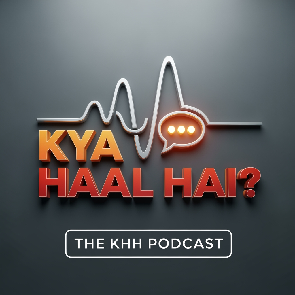 AI Design for A professional 3D media logo for "KYA HAAL HAI?". The primary focus is bold, dynamic stacked text: "KYA HAAL HAI?" utilizing a modern gradient of warm orange to deep red with soft beveled edges, making it pop. Behind the text is a sleek, stylized silver audio waveform and an integrated glowing speech bubble icon to represent conversation. Below the main title, "THE KHH PODCAST" is written in a clean, minimalist white font within a darker charcoal grey container bar. Studio lighting, high-resolution rendering, photorealistic textures, subtle reflections, professional branding, grey and orange color palette.
aspect ratio 1:1