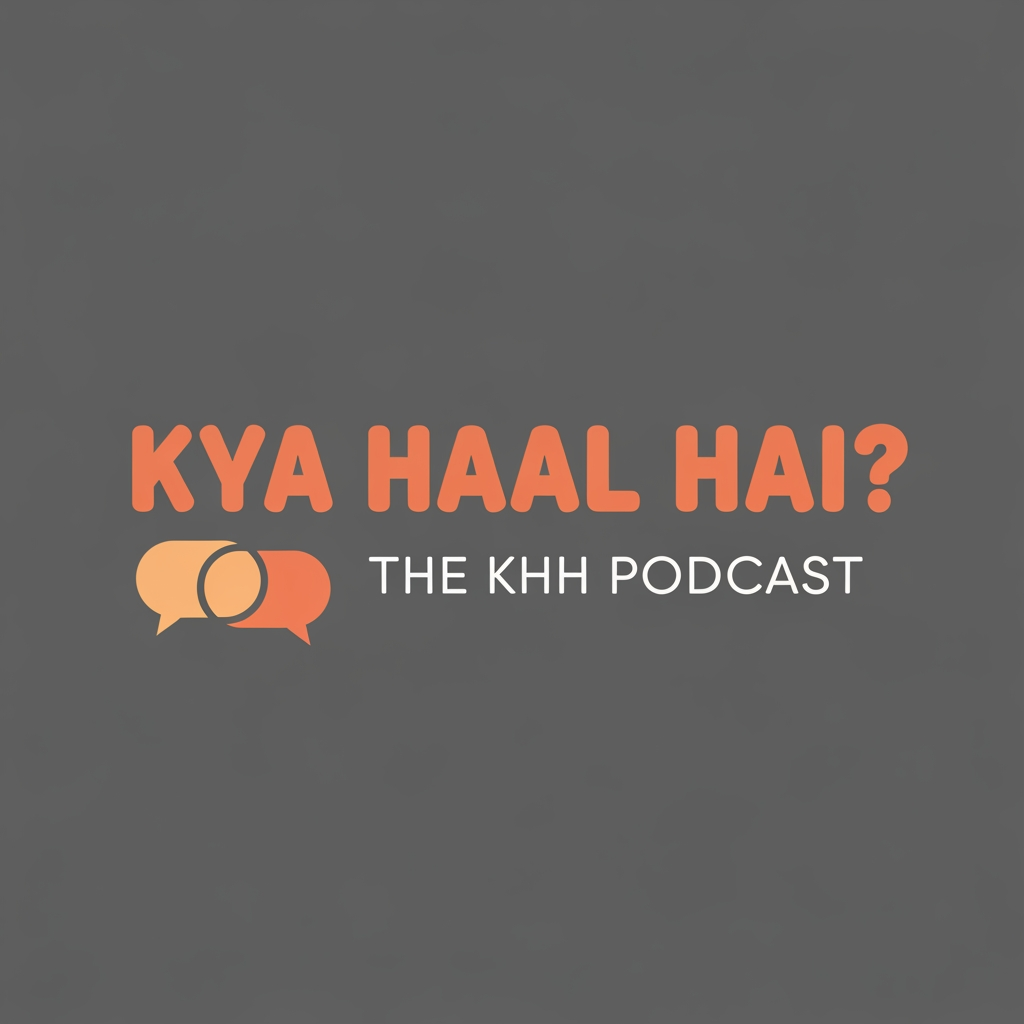 AI Design for A minimalist typographic logo for a casual podcast. The main text reads "KYA HAAL HAI?" in a friendly, bold, rounded sans-serif font. Below it, the text "THE KHH PODCAST" is written in a clean, smaller font. A simple vector graphic of two intersecting speech bubbles or a stylized coffee mug is placed subtly next to the text. Color palette: Pastel terracotta orange and cream white text on a solid charcoal grey background. Modern minimalist style, clean lines, high-contrast, perfectly spelled text.
aspect ratio 1:1