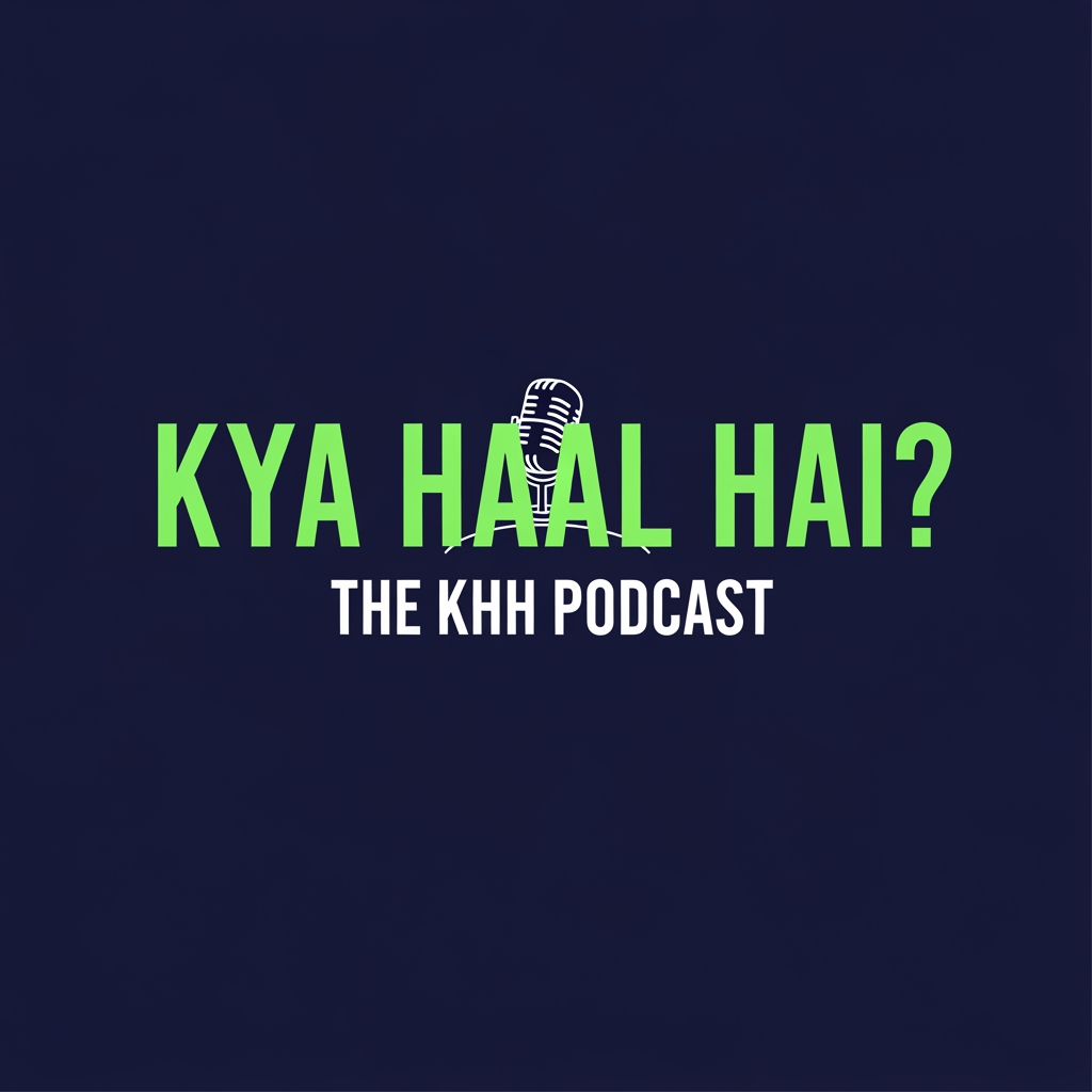 AI Design for A minimalistic and cool podcast logo featuring the bold text "KYA HAAL HAI?" with a smaller subtitle underneath reading "THE KHH PODCAST". The design uses clean, bold typography with a subtle retro-modern vibe. A simple, elegant line-art icon of a vintage microphone or a speech bubble is seamlessly integrated into the background. Solid deep navy blue background with vibrant neon mint green and crisp white text. Graphic design, vector art, flat design, trending on Dribbble, highly detailed text rendering.
aspect ratio 1:1