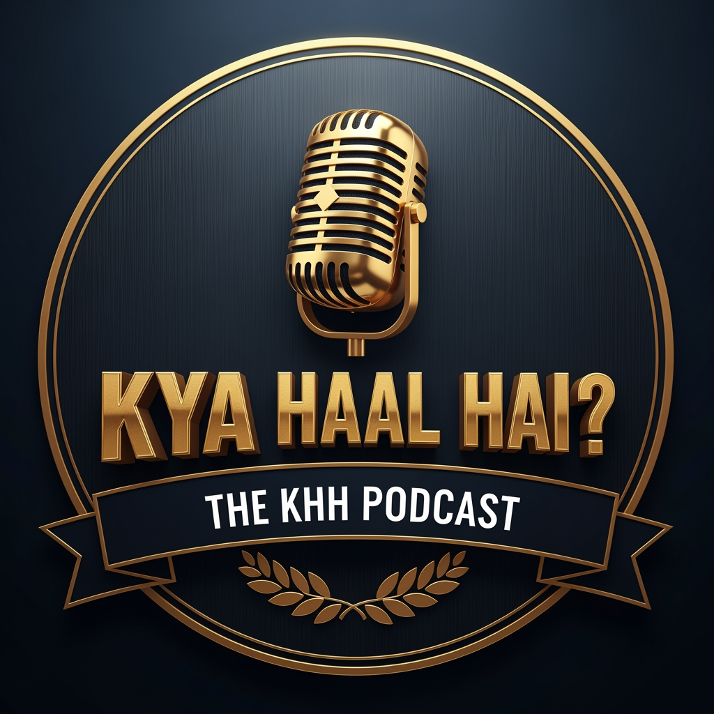 AI Design for A premium, professional circular podcast logo with a dark brushed metal texture and polished gold accents. In the center is a highly detailed vintage studio microphone. Below the mic, the text "KYA HAAL HAI?" is rendered in bold, beveled 3D gold lettering with a subtle metallic sheen. Wrapped around the bottom of the circle is a clean ribbon banner reading "THE KHH PODCAST" in sharp, white sans-serif font. The emblem is flanked by subtle gold laurel leaves. Deep navy blue background, volumetric lighting, high-contrast, sharp details, cinematic composition.
aspect ratio 1:1