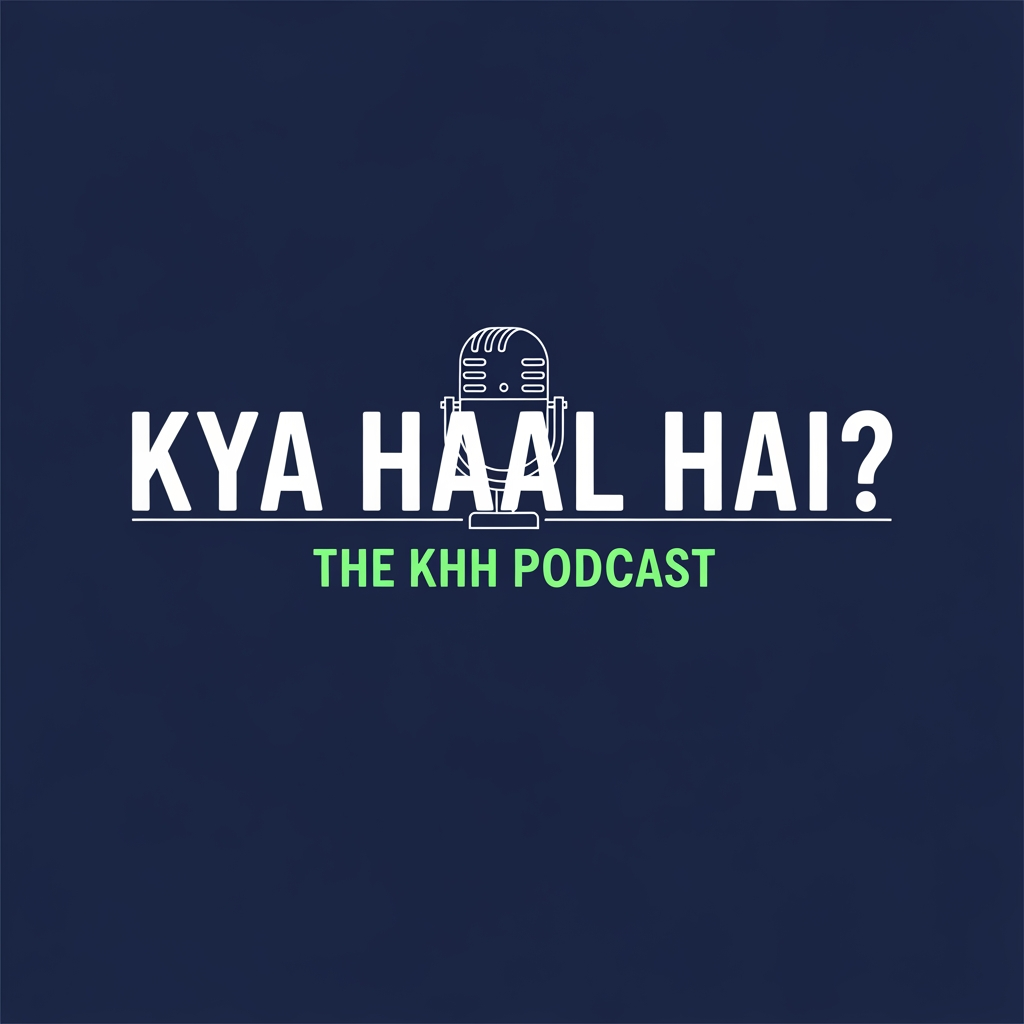 AI Design for A minimalistic and cool podcast logo featuring the bold text "KYA HAAL HAI?" with a smaller subtitle underneath reading "THE KHH PODCAST". The design uses clean, bold typography with a subtle retro-modern vibe. A simple, elegant line-art icon of a vintage microphone or a speech bubble is seamlessly integrated into the background. Solid deep navy blue background with vibrant neon mint green and crisp white text. Graphic design, vector art, flat design, trending on Dribbble, highly detailed text rendering.
aspect ratio 1:1