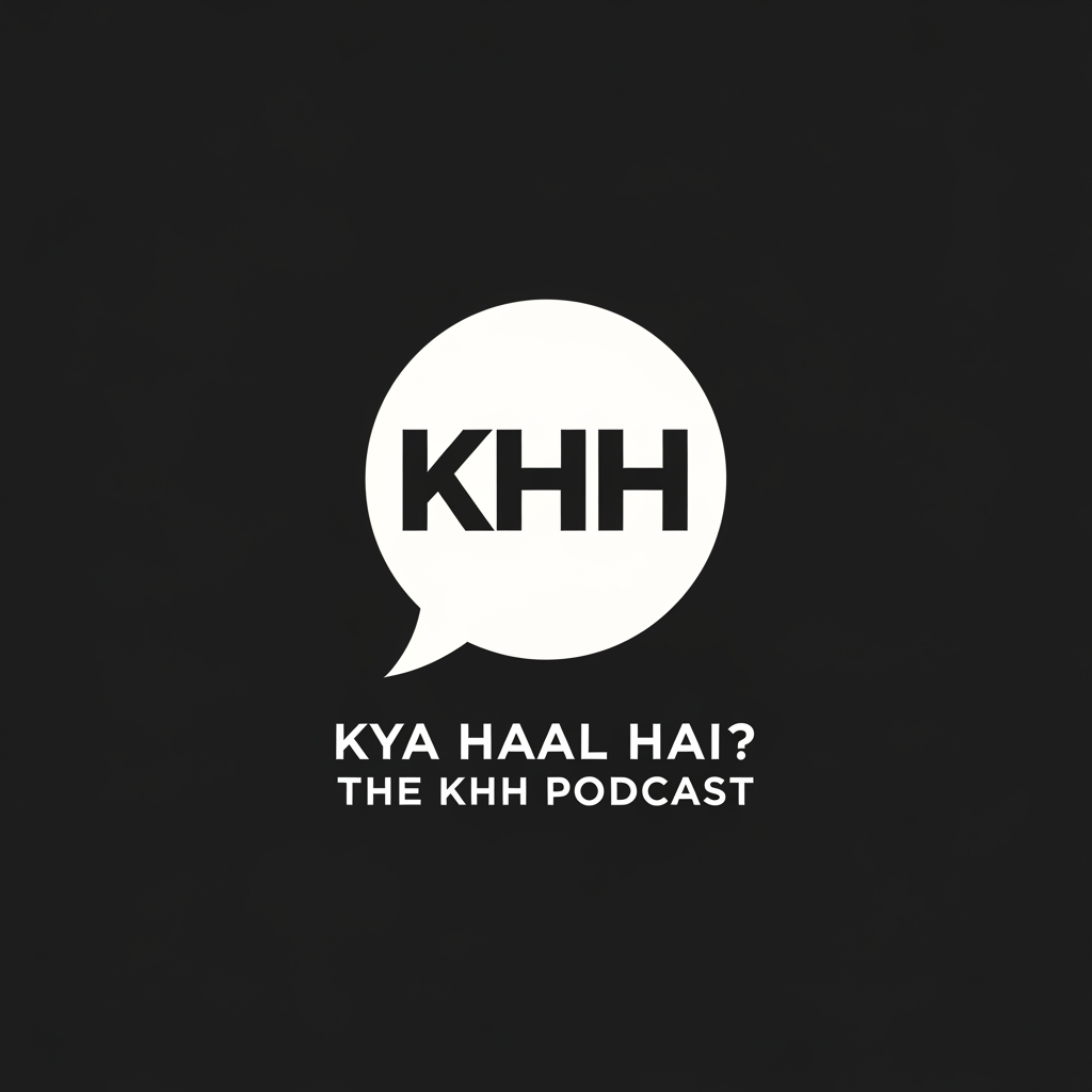 AI Design for An ultra-minimal vector logo for a storytelling podcast. In the center, a bold and stylized acronym icon "KHH" designed inside a smooth speech bubble silhouette. Below the icon, the clean text reads "KYA HAAL HAI? THE KHH PODCAST". Monochromatic color scheme: sharp white graphics and crisp text on a solid matte black background. Sophisticated, sleek, contemporary branding, flat vector, high contrast, perfect typography.
aspect ratio 1:1
