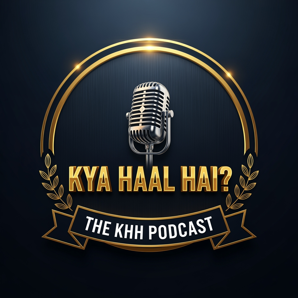 AI Design for A premium, professional circular podcast logo with a dark brushed metal texture and polished gold accents. In the center is a highly detailed vintage studio microphone. Below the mic, the text "KYA HAAL HAI?" is rendered in bold, beveled 3D gold lettering with a subtle metallic sheen. Wrapped around the bottom of the circle is a clean ribbon banner reading "THE KHH PODCAST" in sharp, white sans-serif font. The emblem is flanked by subtle gold laurel leaves. Deep navy blue background, volumetric lighting, high-contrast, sharp details, cinematic composition.
aspect ratio 1:1