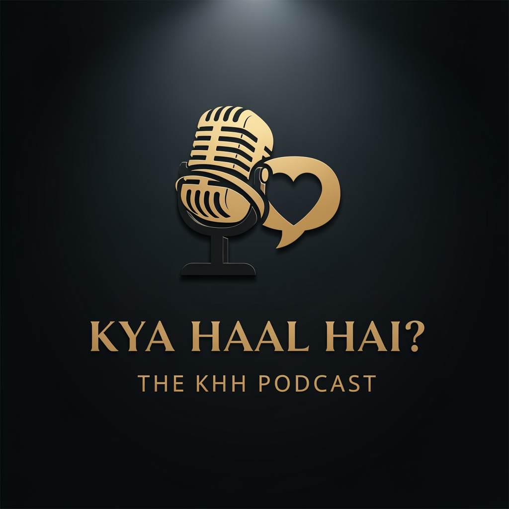 AI Design for A sophisticated professional podcast logo featuring a dramatic black and gold color scheme. The central graphic is a strong silhouette of a retro microphone intertwined with an abstract icon that merges a speech bubble and a heart (symbolizing storytelling and nostalgia). Below the graphic, the title "KYA HAAL HAI?" is displayed in a clean, elegant, capital serif font with a matte gold finish. Directly underneath, "THE KHH PODCAST" is set in a simple, high-visibility gold sans-serif font. The background is a dark, moody deep charcoal with a subtle gradient spotlight effect behind the logo. Flat 3D effect, clean lines, premium feel, high contrast, elegant typography.
aspect ratio 1:1