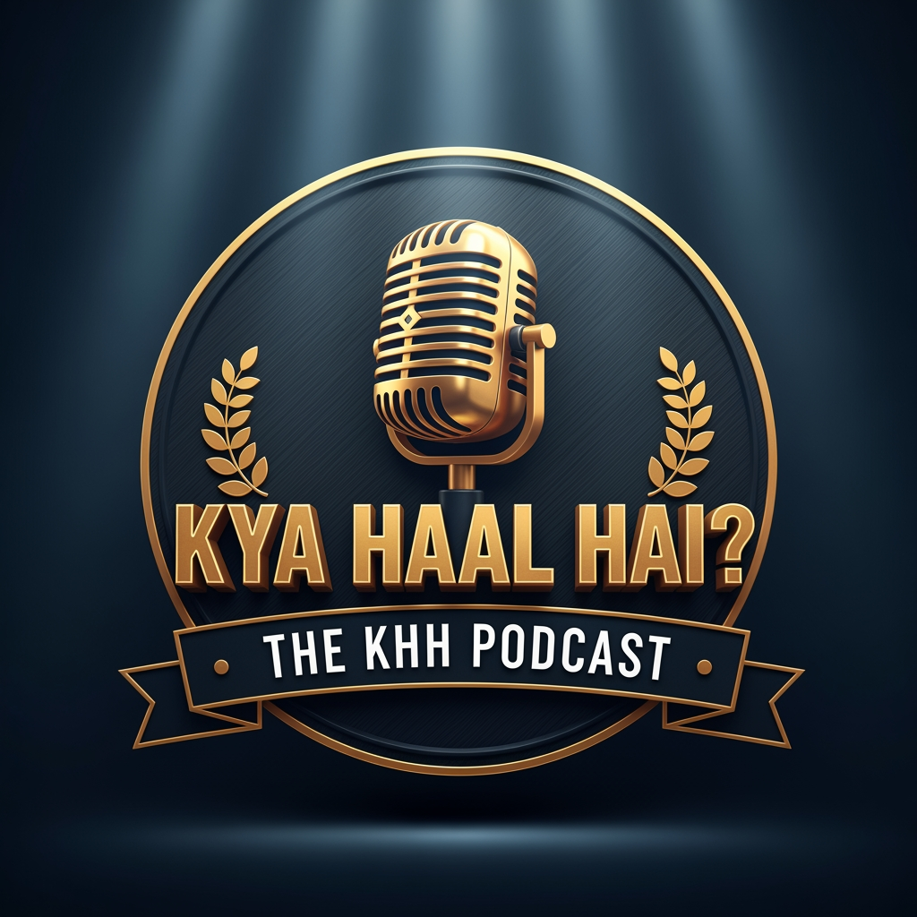AI Design for A premium, professional circular podcast logo with a dark brushed metal texture and polished gold accents. In the center is a highly detailed vintage studio microphone. Below the mic, the text "KYA HAAL HAI?" is rendered in bold, beveled 3D gold lettering with a subtle metallic sheen. Wrapped around the bottom of the circle is a clean ribbon banner reading "THE KHH PODCAST" in sharp, white sans-serif font. The emblem is flanked by subtle gold laurel leaves. Deep navy blue background, volumetric lighting, high-contrast, sharp details, cinematic composition.
aspect ratio 1:1