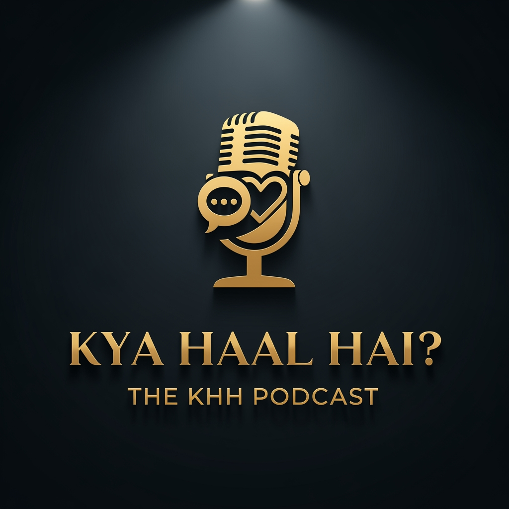 AI Design for A sophisticated professional podcast logo featuring a dramatic black and gold color scheme. The central graphic is a strong silhouette of a retro microphone intertwined with an abstract icon that merges a speech bubble and a heart (symbolizing storytelling and nostalgia). Below the graphic, the title "KYA HAAL HAI?" is displayed in a clean, elegant, capital serif font with a matte gold finish. Directly underneath, "THE KHH PODCAST" is set in a simple, high-visibility gold sans-serif font. The background is a dark, moody deep charcoal with a subtle gradient spotlight effect behind the logo. Flat 3D effect, clean lines, premium feel, high contrast, elegant typography.
aspect ratio 1:1