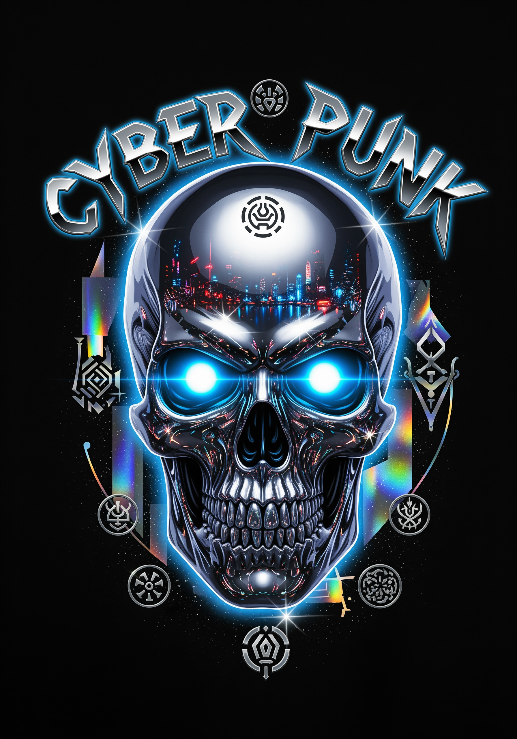 AI Design for Y2K futuristic streetwear graphic, chrome skull with glowing eyes, metallic typography, cyber sigils, holographic effects, futuristic fashion aesthetic, edgy underground vibe, centered t-shirt composition, high detail reflections, neon blue and silver colors, ultra detailed 4K print artwork