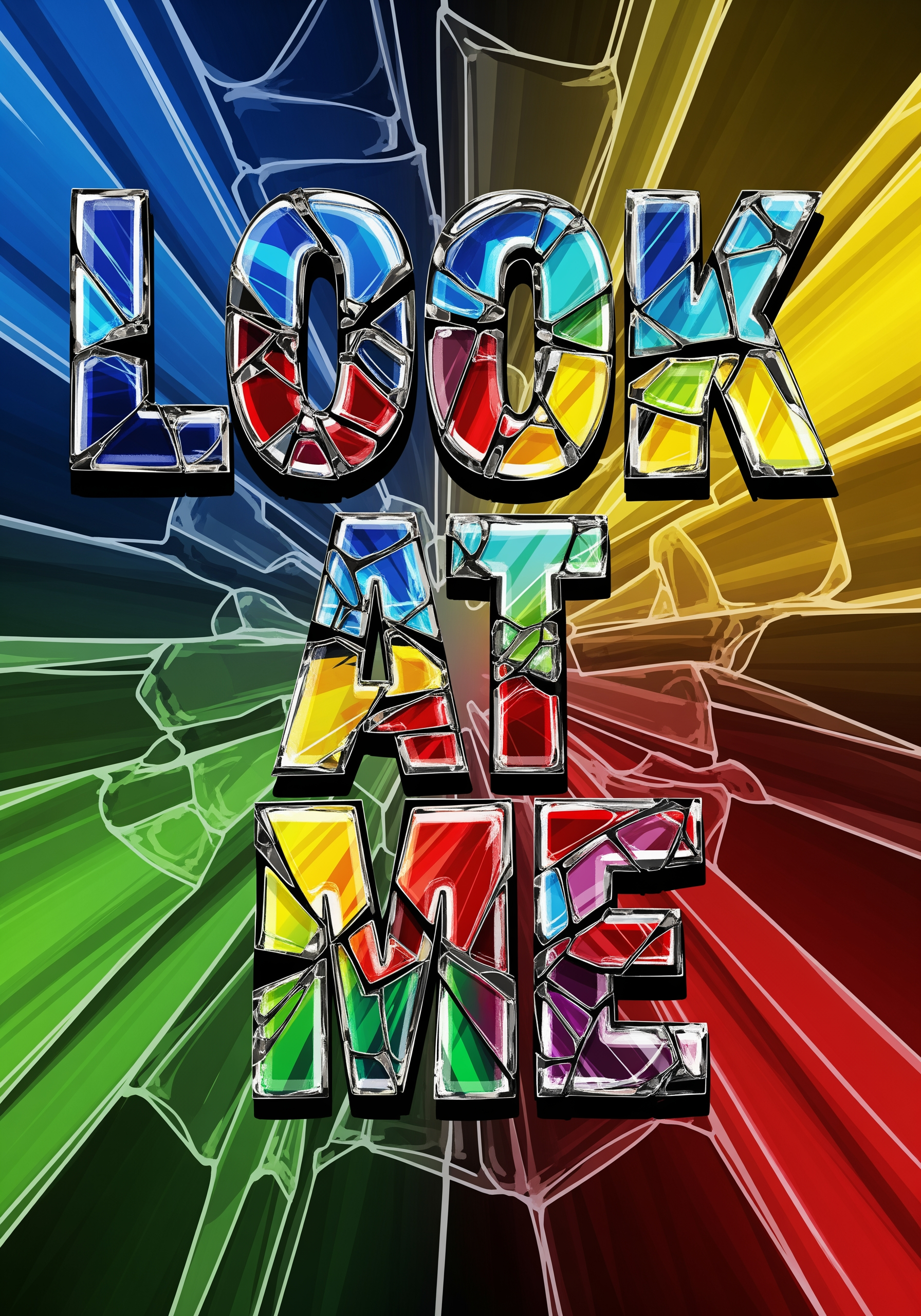 AI Design for a broken bold colourfull text ' Look At Me 'in broken glass transparent for t shirts printing design look high pixsel