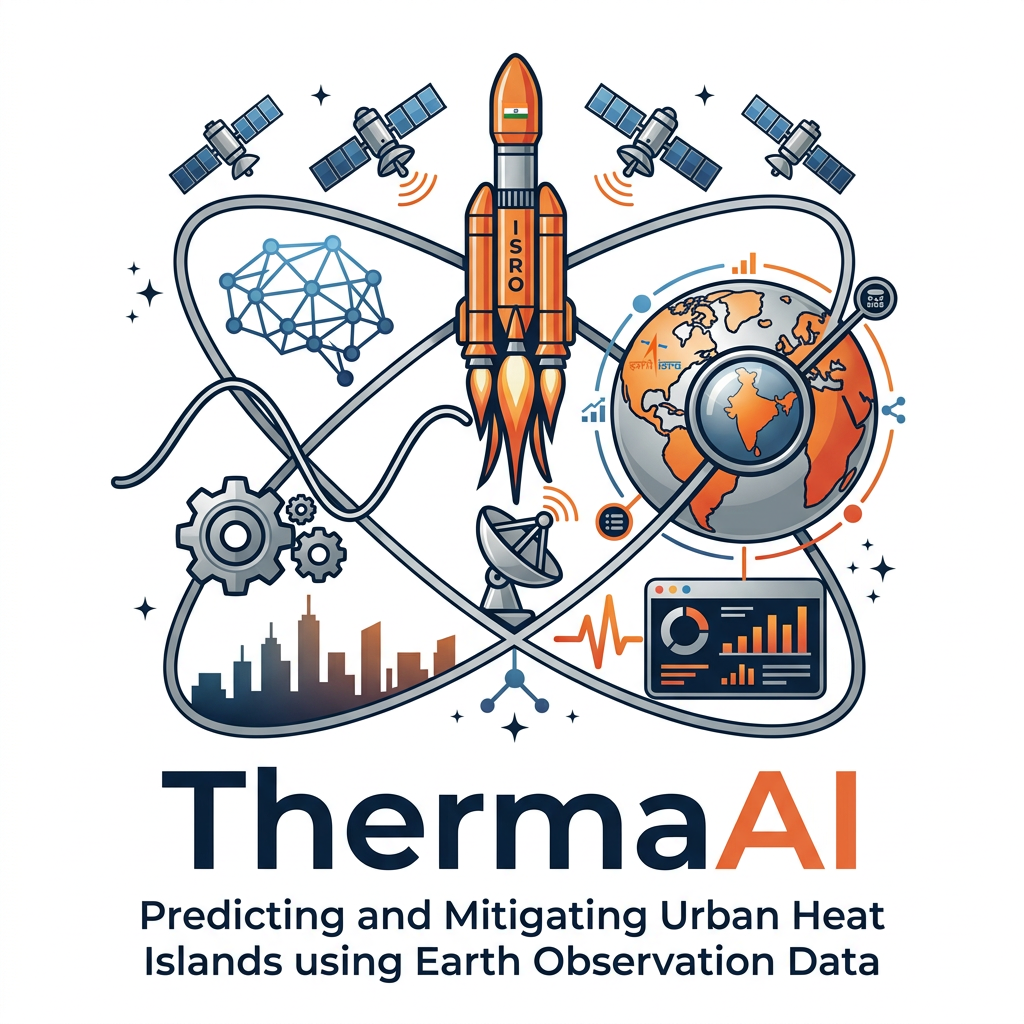 AI Design for i want logo for the isro hackathon where the title is Predicting and Mitigating Urban Heat Islands using Earth Observation Data, it must contain space related designs.
A square grid of small cells (4×4 or 5×5, like ward/pixel tiles), rendered in a gradient from deep blue (cool) through orange to red (hot), evoking the LST heatmap on your dashboard. Overlaid on the grid is a single thin white sine-wave / Kalman-filter-style oscillating line passing through the cells left to right, smoothing out as it crosses — representing the state estimate "correcting" noisy observations. The city skyline silhouette (minimal, 3–4 simple building shapes) sits along the bottom edge, dark navy against the gradient. Wordmark "ThermaAI" in a clean geometric sans-serif (e.g., similar to Inter or Poppins, medium weight) beneath, with "AI" in a contrasting accent color (orange or coral) to tie back to the heat theme.
example: i have attached an image for the team name TRI-Q-AI, it covers all the concepts with respect to title as well as space and the ai field
note: white background