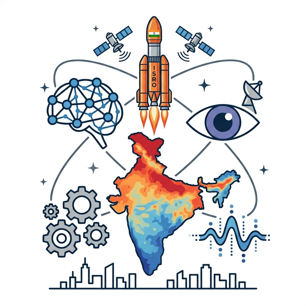 AI Design for i want logo for the isro hackathon where the title is Predicting and Mitigating Urban Heat Islands using Earth Observation Data, it must contain space related designs.
A square grid of small cells (4×4 or 5×5, like ward/pixel tiles), rendered in a gradient from deep blue (cool) through orange to red (hot), evoking the LST heatmap on your dashboard. Overlaid on the grid is a single thin white sine-wave / Kalman-filter-style oscillating line passing through the cells left to right, smoothing out as it crosses — representing the state estimate "correcting" noisy observations. The city skyline silhouette (minimal, 3–4 simple building shapes) sits along the bottom edge, dark navy against the gradient. Wordmark "ThermaAI" in a clean geometric sans-serif (e.g., similar to Inter or Poppins, medium weight) beneath, with "AI" in a contrasting accent color (orange or coral) to tie back to the heat theme.
example: i have attached an image for the team name TRI-Q-AI, it covers all the concepts with respect to title as well as space and the ai field
note: white background
dont keep the title and team name in the logo
no rings at all
there should between the rocket, world heat, change the shape of the heatmap into india map as well
i need neat and elegant one