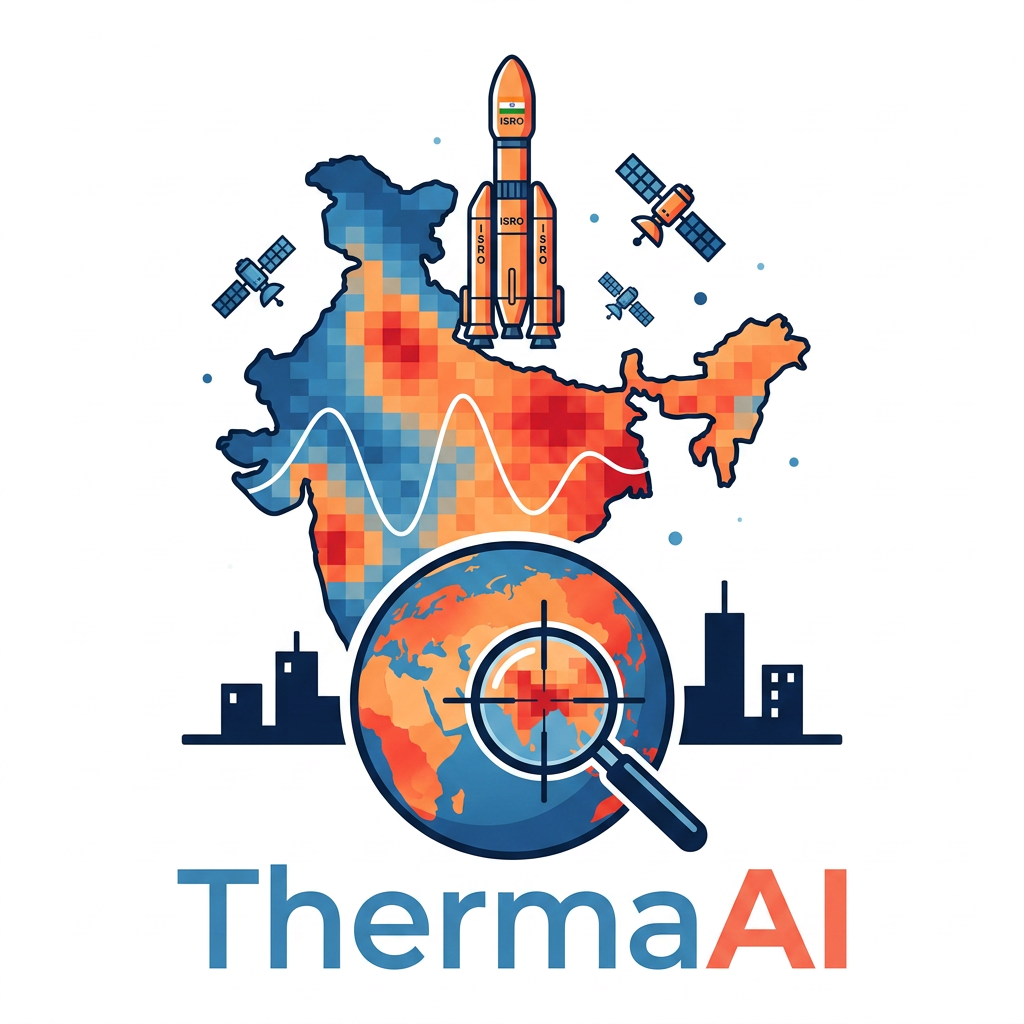 AI Design for i want logo for the isro hackathon where the title is Predicting and Mitigating Urban Heat Islands using Earth Observation Data, it must contain space related designs.
A square grid of small cells (4×4 or 5×5, like ward/pixel tiles), rendered in a gradient from deep blue (cool) through orange to red (hot), evoking the LST heatmap on your dashboard. Overlaid on the grid is a single thin white sine-wave / Kalman-filter-style oscillating line passing through the cells left to right, smoothing out as it crosses — representing the state estimate "correcting" noisy observations. The city skyline silhouette (minimal, 3–4 simple building shapes) sits along the bottom edge, dark navy against the gradient. Wordmark "ThermaAI" in a clean geometric sans-serif (e.g., similar to Inter or Poppins, medium weight) beneath, with "AI" in a contrasting accent color (orange or coral) to tie back to the heat theme.
example: i have attached an image for the team name TRI-Q-AI, it covers all the concepts with respect to title as well as space and the ai field
note: white background
dont keep the title and team name in the logo
no rings at all
there should between the rocket, world heat, change the shape of the heatmap into india map as well