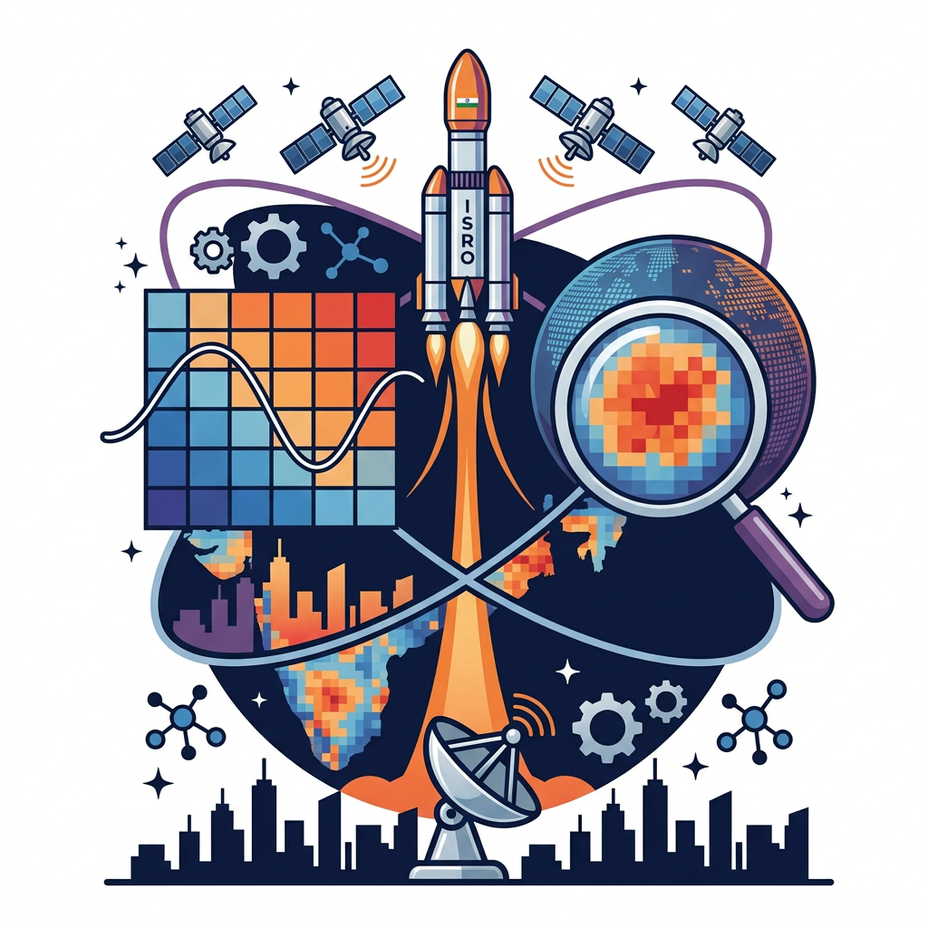 AI Design for i want logo for the isro hackathon where the title is Predicting and Mitigating Urban Heat Islands using Earth Observation Data, it must contain space related designs.
A square grid of small cells (4×4 or 5×5, like ward/pixel tiles), rendered in a gradient from deep blue (cool) through orange to red (hot), evoking the LST heatmap on your dashboard. Overlaid on the grid is a single thin white sine-wave / Kalman-filter-style oscillating line passing through the cells left to right, smoothing out as it crosses — representing the state estimate "correcting" noisy observations. The city skyline silhouette (minimal, 3–4 simple building shapes) sits along the bottom edge, dark navy against the gradient. Wordmark "ThermaAI" in a clean geometric sans-serif (e.g., similar to Inter or Poppins, medium weight) beneath, with "AI" in a contrasting accent color (orange or coral) to tie back to the heat theme.
example: i have attached an image for the team name TRI-Q-AI, it covers all the concepts with respect to title as well as space and the ai field
note: white background
dont keep the title and team name in the logo
no rings at all
there should between the rocket, world heat, change the shape of the heatmap into india map as well
dont keep the team name