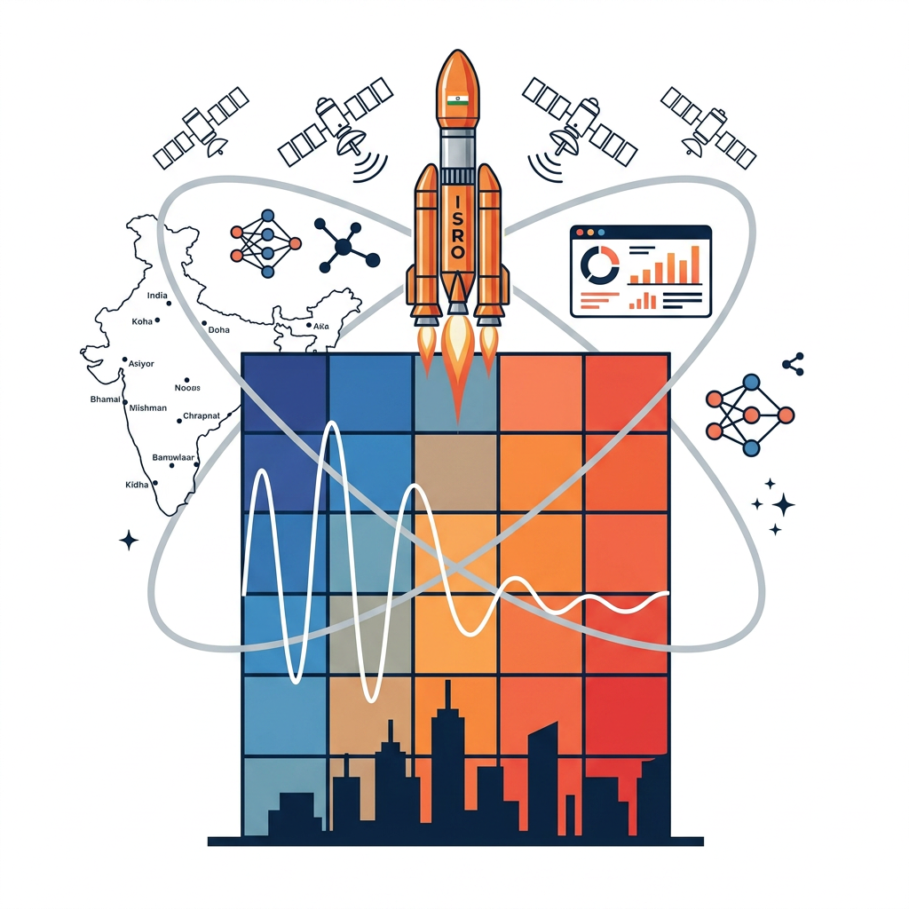 AI Design for i want logo for the isro hackathon where the title is Predicting and Mitigating Urban Heat Islands using Earth Observation Data, it must contain space related designs.
A square grid of small cells (4×4 or 5×5, like ward/pixel tiles), rendered in a gradient from deep blue (cool) through orange to red (hot), evoking the LST heatmap on your dashboard. Overlaid on the grid is a single thin white sine-wave / Kalman-filter-style oscillating line passing through the cells left to right, smoothing out as it crosses — representing the state estimate "correcting" noisy observations. The city skyline silhouette (minimal, 3–4 simple building shapes) sits along the bottom edge, dark navy against the gradient. Wordmark "ThermaAI" in a clean geometric sans-serif (e.g., similar to Inter or Poppins, medium weight) beneath, with "AI" in a contrasting accent color (orange or coral) to tie back to the heat theme.
example: i have attached an image for the team name TRI-Q-AI, it covers all the concepts with respect to title as well as space and the ai field
note: white background
dont keep the title and team name in the logo
dont keep the satellite path like rings instead use india map rocket satellite heat based something regarding to the concept