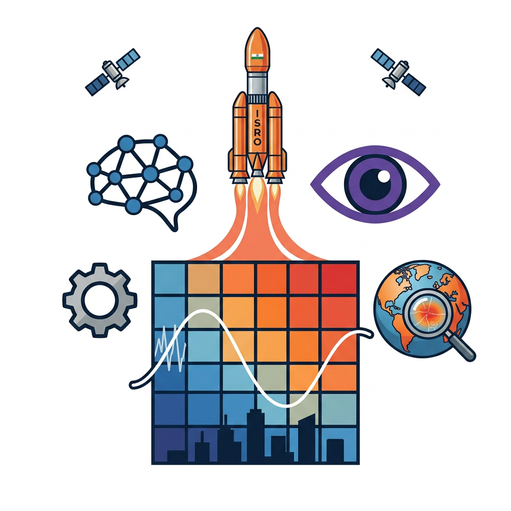 AI Design for i want logo for the isro hackathon where the title is Predicting and Mitigating Urban Heat Islands using Earth Observation Data, it must contain space related designs.
A square grid of small cells (4×4 or 5×5, like ward/pixel tiles), rendered in a gradient from deep blue (cool) through orange to red (hot), evoking the LST heatmap on your dashboard. Overlaid on the grid is a single thin white sine-wave / Kalman-filter-style oscillating line passing through the cells left to right, smoothing out as it crosses — representing the state estimate "correcting" noisy observations. The city skyline silhouette (minimal, 3–4 simple building shapes) sits along the bottom edge, dark navy against the gradient. Wordmark "ThermaAI" in a clean geometric sans-serif (e.g., similar to Inter or Poppins, medium weight) beneath, with "AI" in a contrasting accent color (orange or coral) to tie back to the heat theme.
example: i have attached an image for the team name TRI-Q-AI, it covers all the concepts with respect to title as well as space and the ai field
note: white background
dont keep the title and team name in the logo
no rings at all